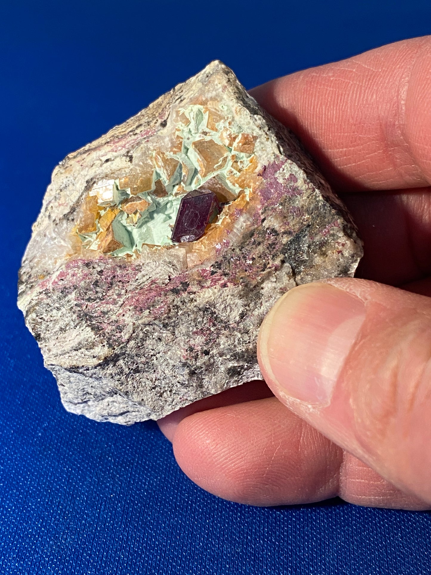 Cuprite, calcite & chrysocolla, Mashamba West, Congo
