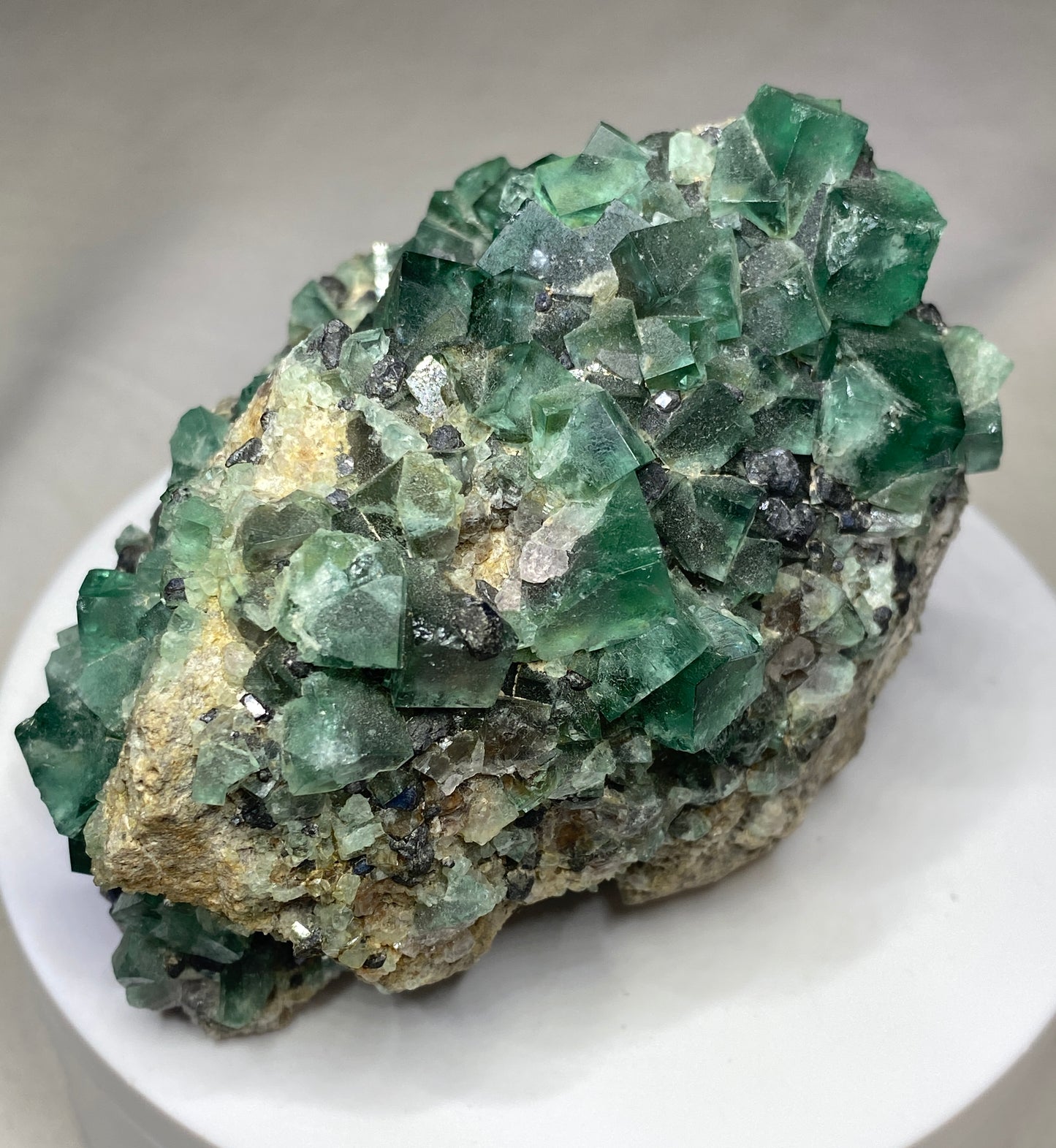 Fluorite (daylight fluorescence) & Galena, Rogerley Mine, Weardale, County Durham, England