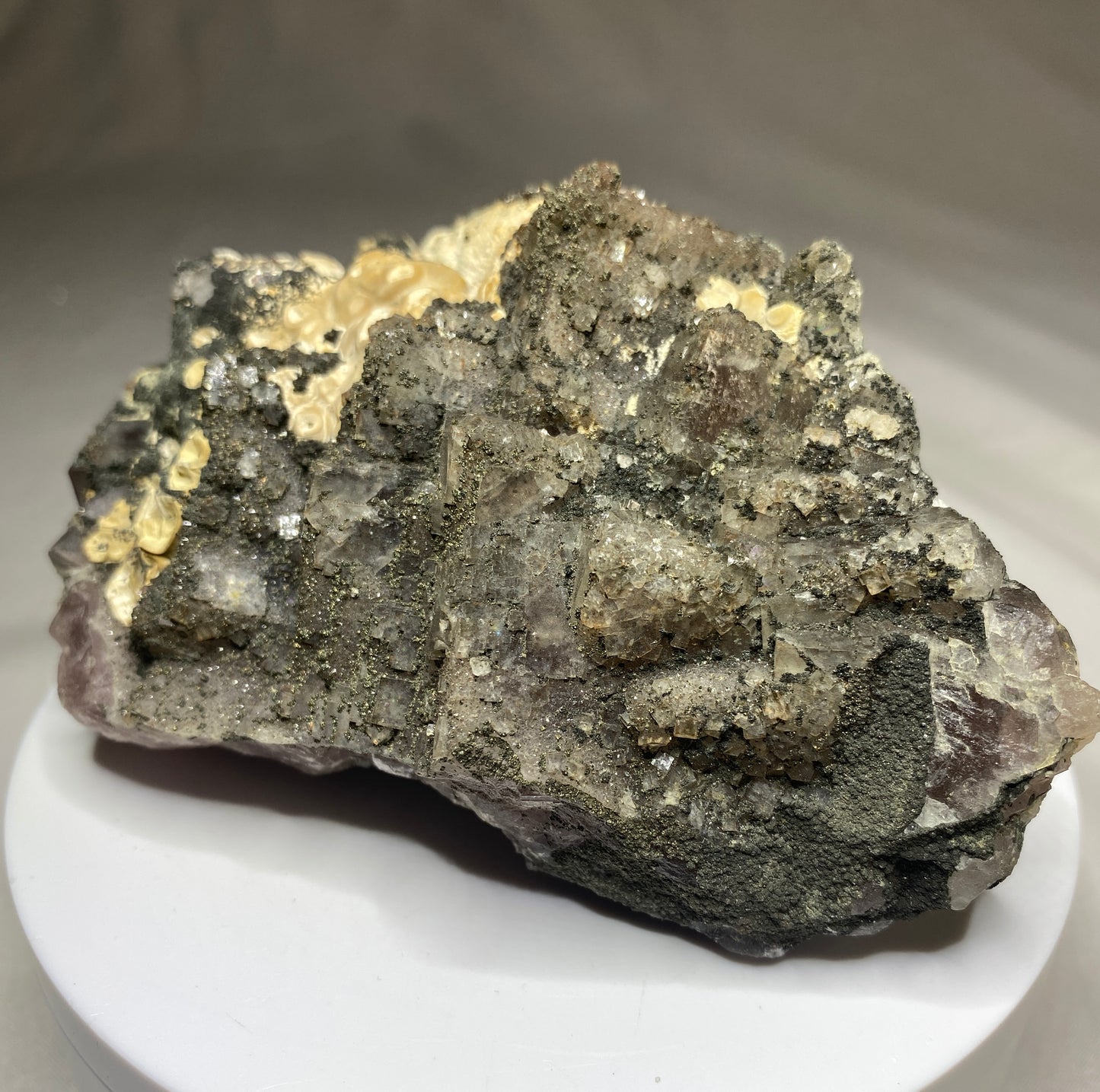 Fluorite with Pyrite and Aragonite, Sauberg Mine, Ehrenfriedersdorf, Germany