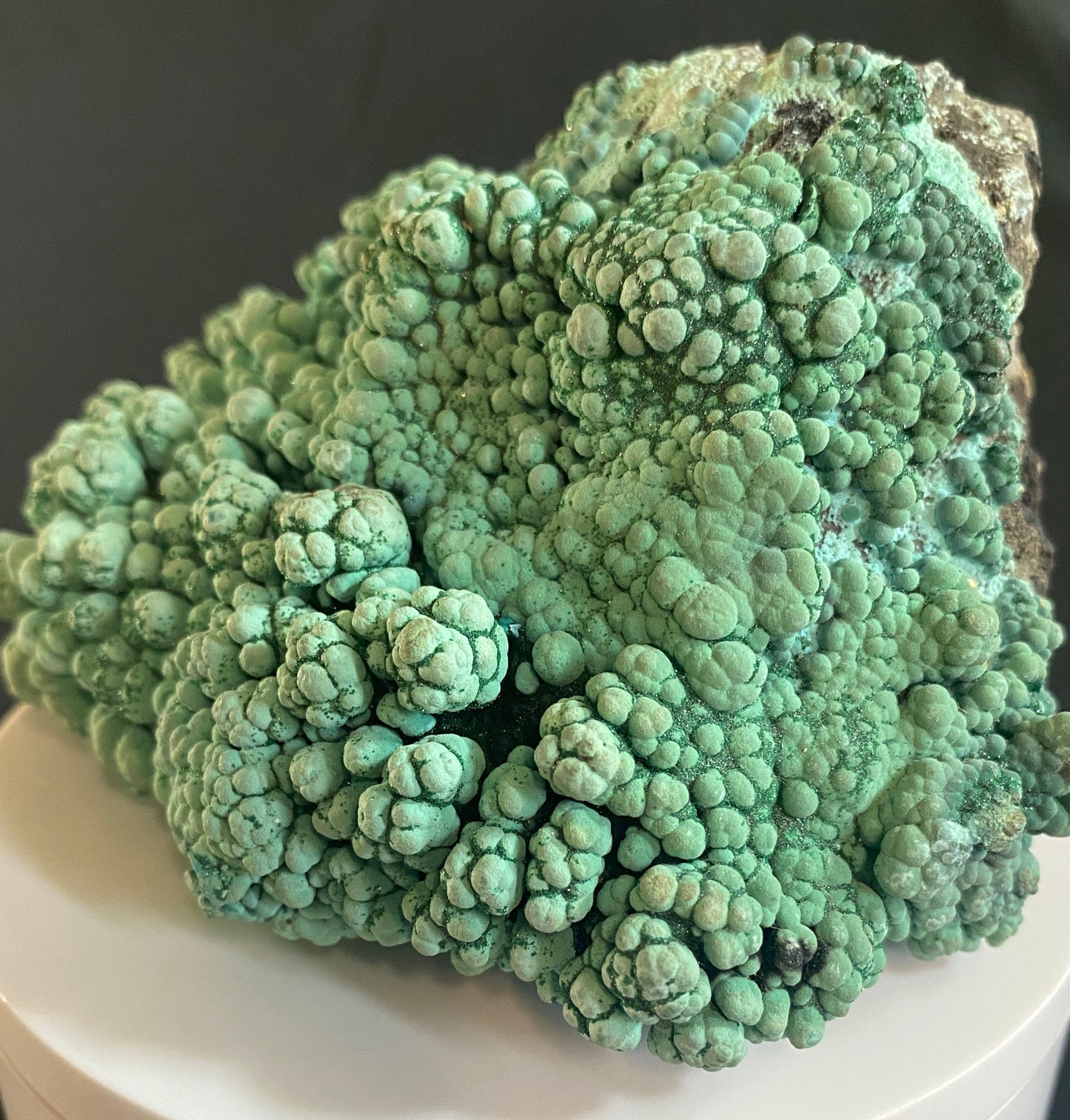 Dioptase on Chrysocolla, Morenci Mine, Greenlee County, Arizona