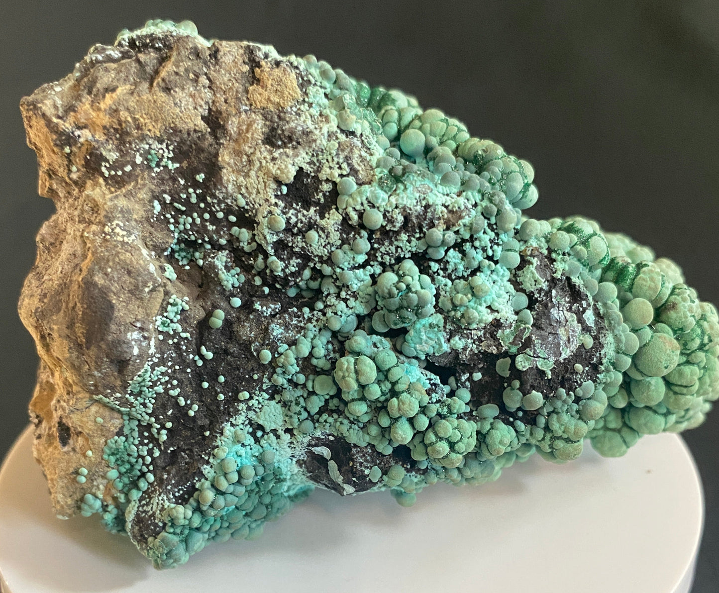 Dioptase on Chrysocolla, Morenci Mine, Greenlee County, Arizona