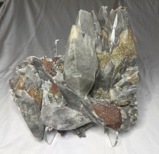 Large calcite crystals on sparkling marcasite from Brushy Creek Mine, Reynolds County, Missouri