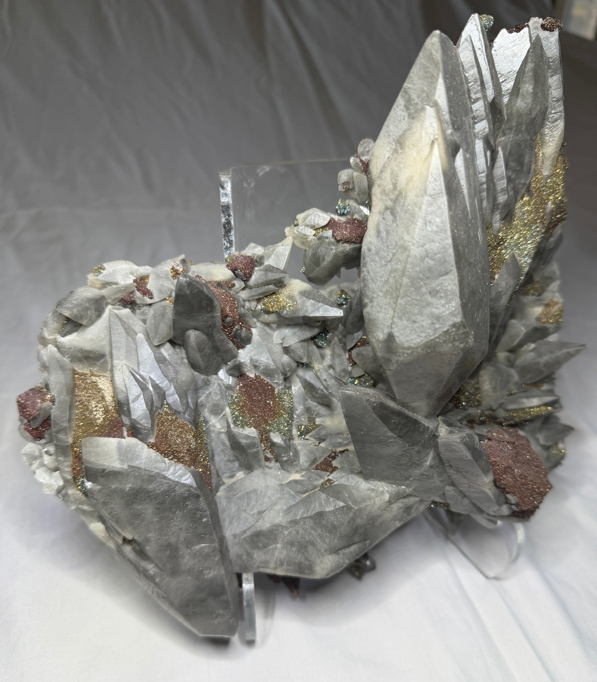 Large calcite crystals on sparkling marcasite from Brushy Creek Mine, Reynolds County, Missouri