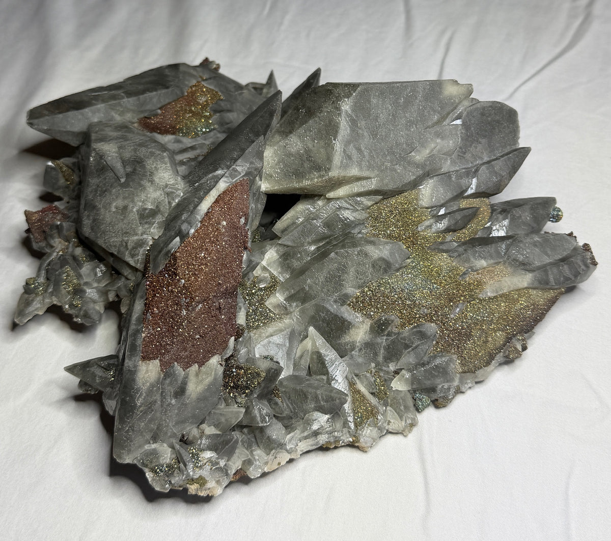 Large calcite crystals on sparkling marcasite from Brushy Creek Mine, Reynolds County, Missouri