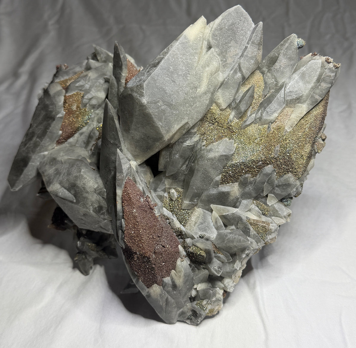 Large calcite crystals on sparkling marcasite from Brushy Creek Mine, Reynolds County, Missouri