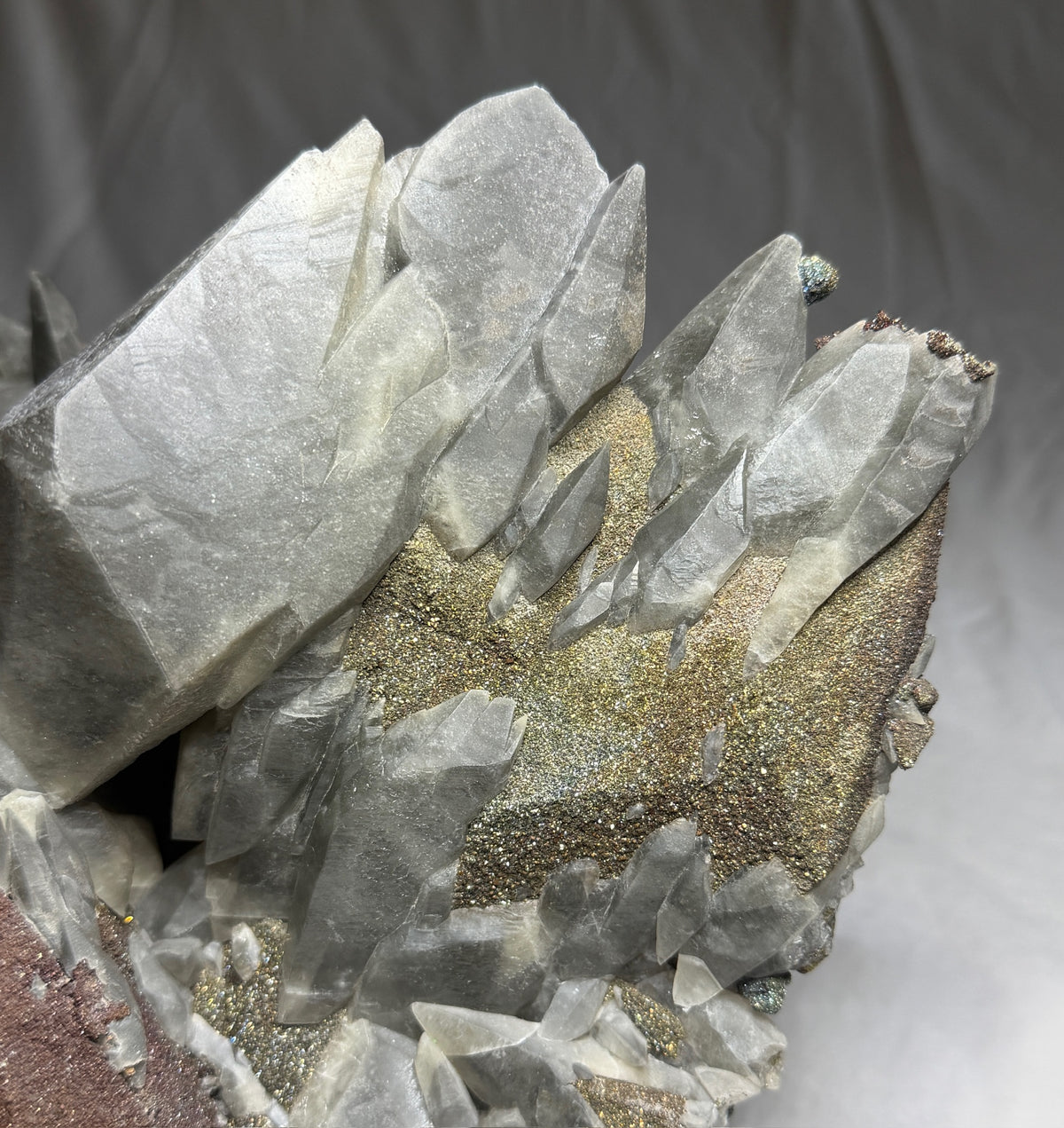 Large calcite crystals on sparkling marcasite from Brushy Creek Mine, Reynolds County, Missouri