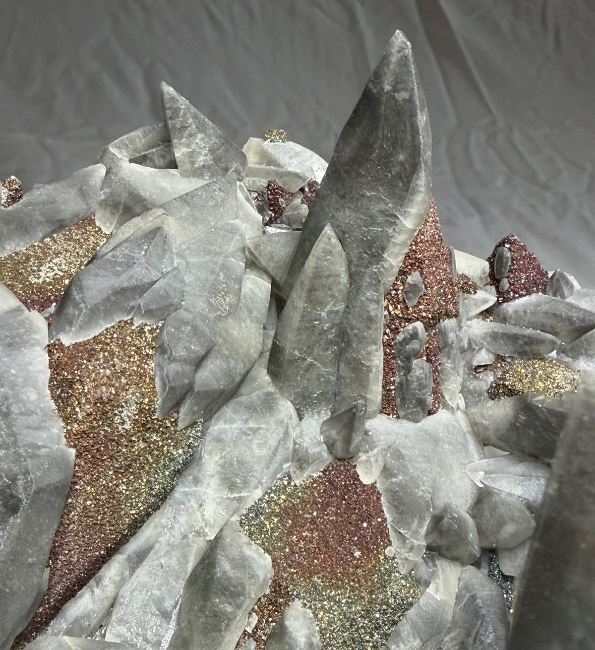 Large calcite crystals on sparkling marcasite from Brushy Creek Mine, Reynolds County, Missouri