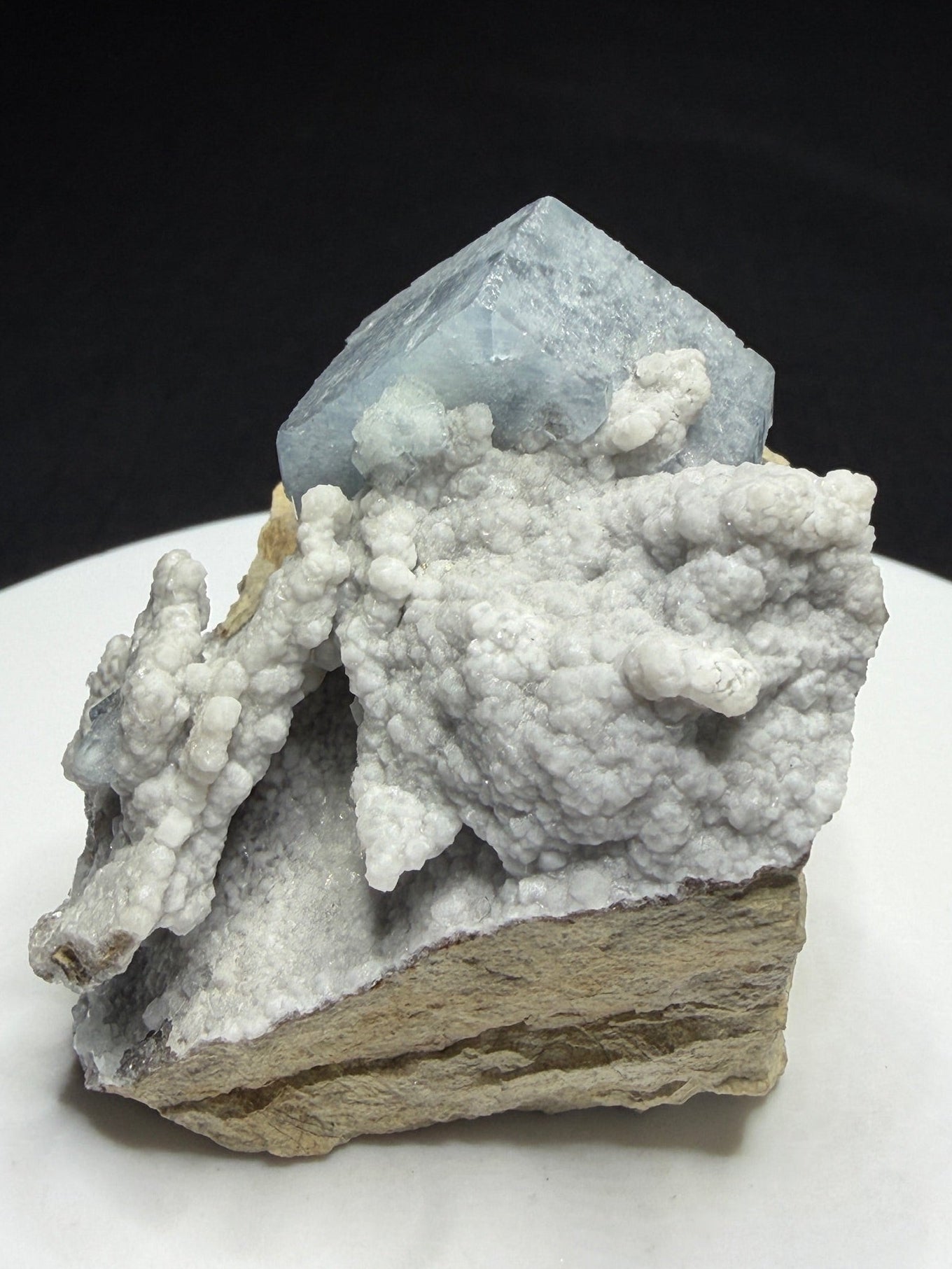 Pale blue celestite crystal on white matrix from Meckley’s Quarry, Mandata, Pennsylvania, USA