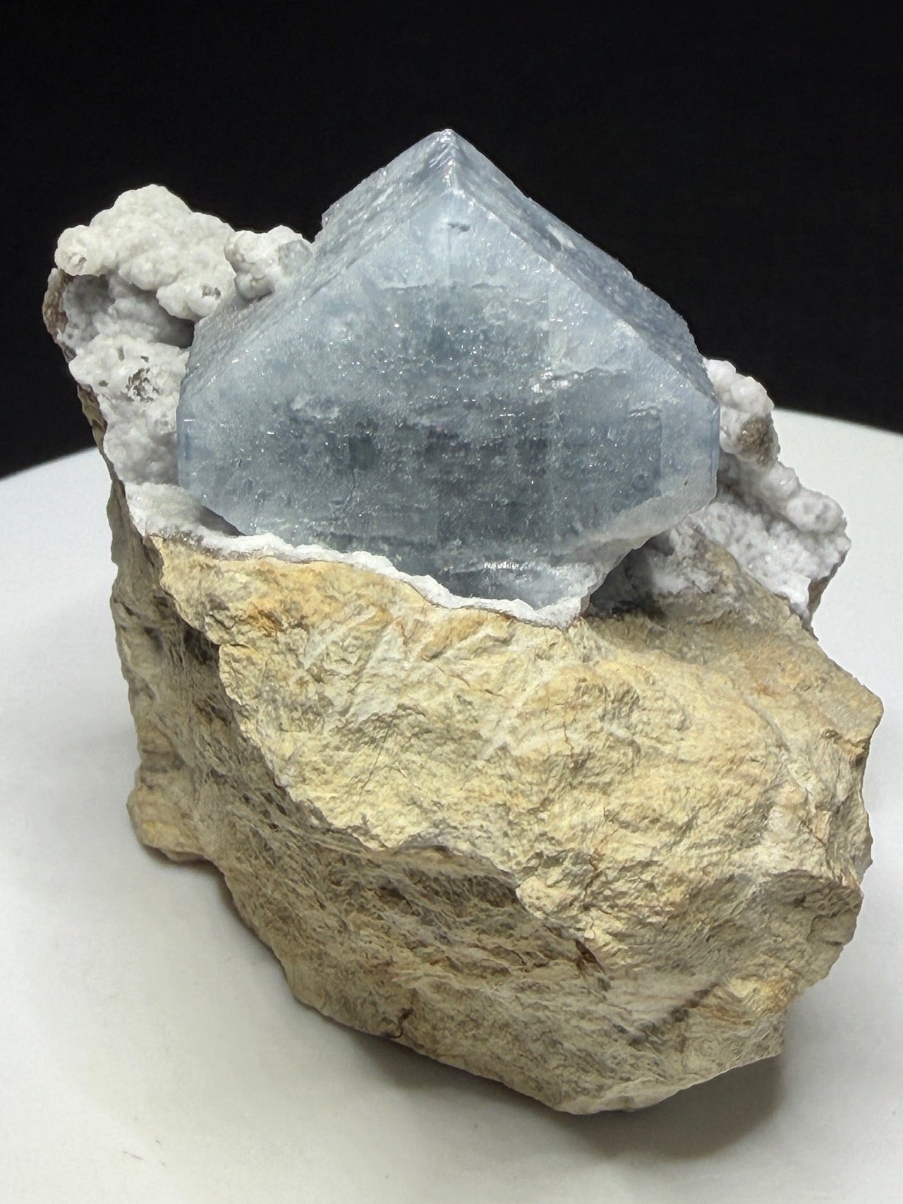Pale blue celestite crystal on white matrix from Meckley’s Quarry, Mandata, Pennsylvania, USA