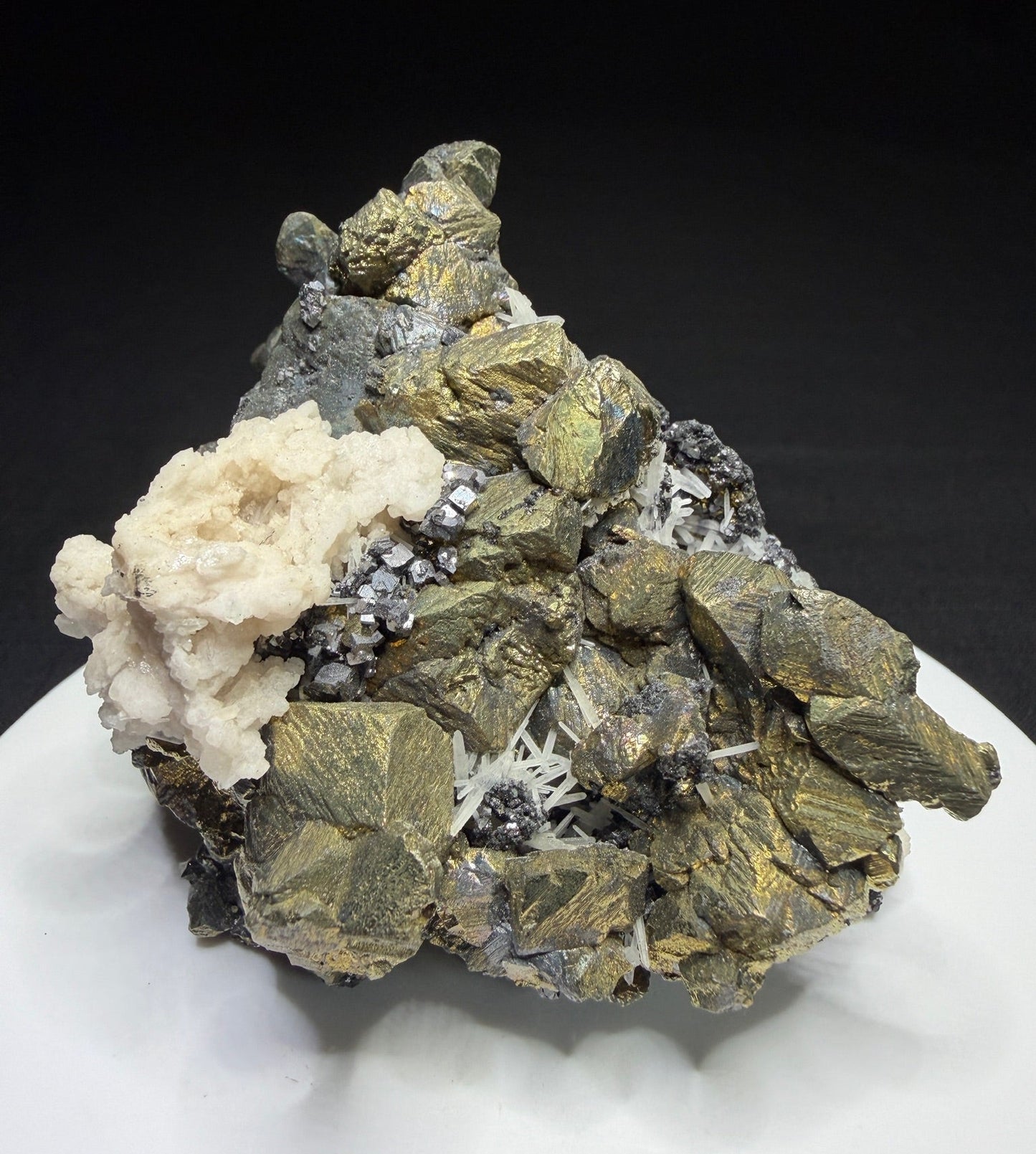Chalcopyrite and galena with white calcite and sphalerite from the Osikovo Orebody, Madan Orefield, Bulgaria