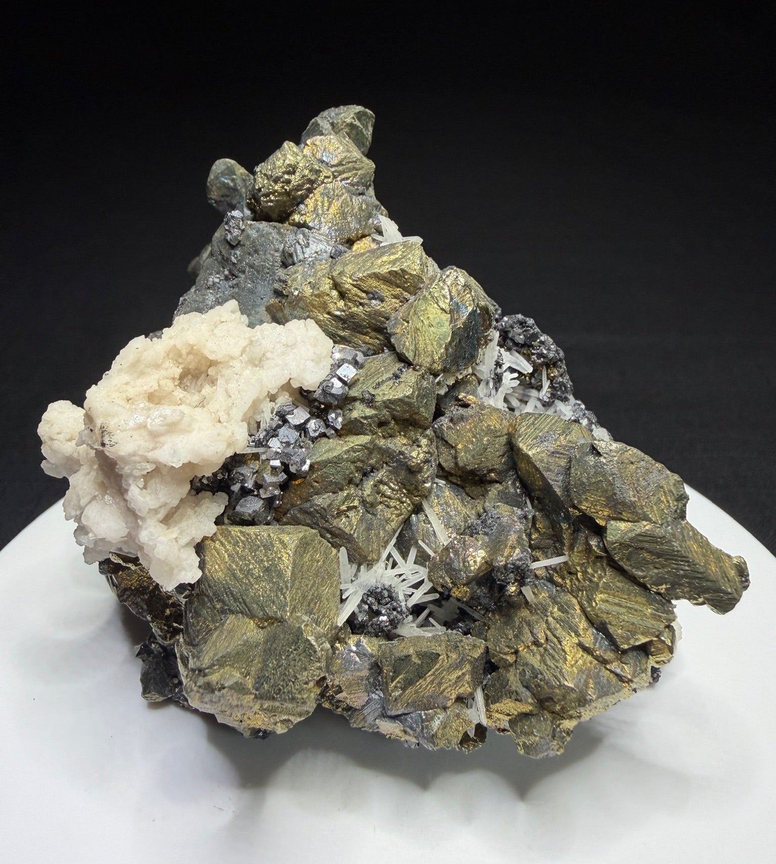 Chalcopyrite and galena with white calcite and sphalerite from the Osikovo Orebody, Madan Orefield, Bulgaria