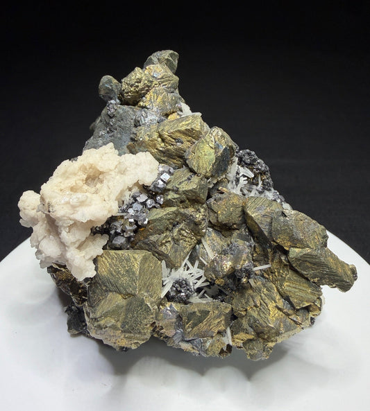Chalcopyrite and galena with white calcite and sphalerite from the Osikovo Orebody, Madan Orefield, Bulgaria
