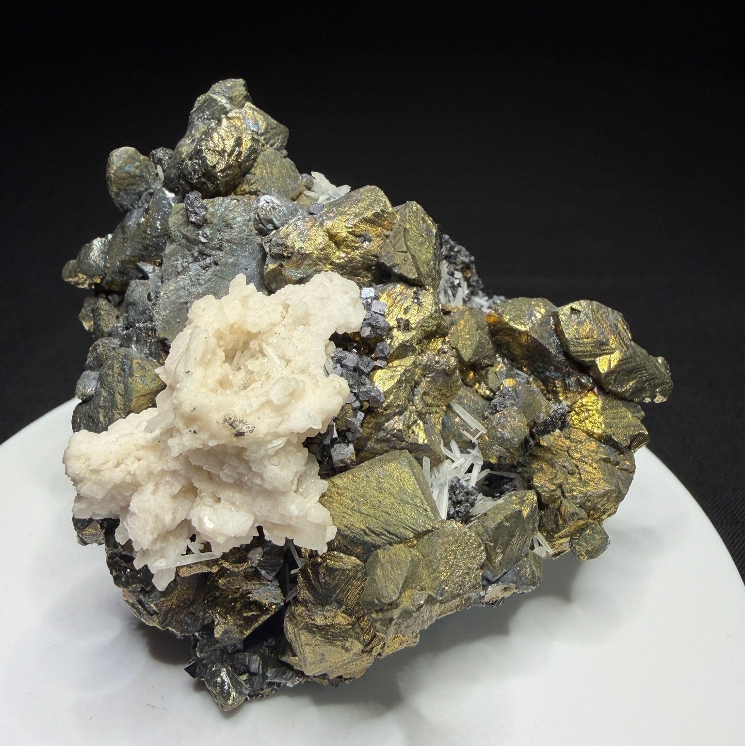 Chalcopyrite and galena with white calcite and sphalerite from the Osikovo Orebody, Madan Orefield, Bulgaria