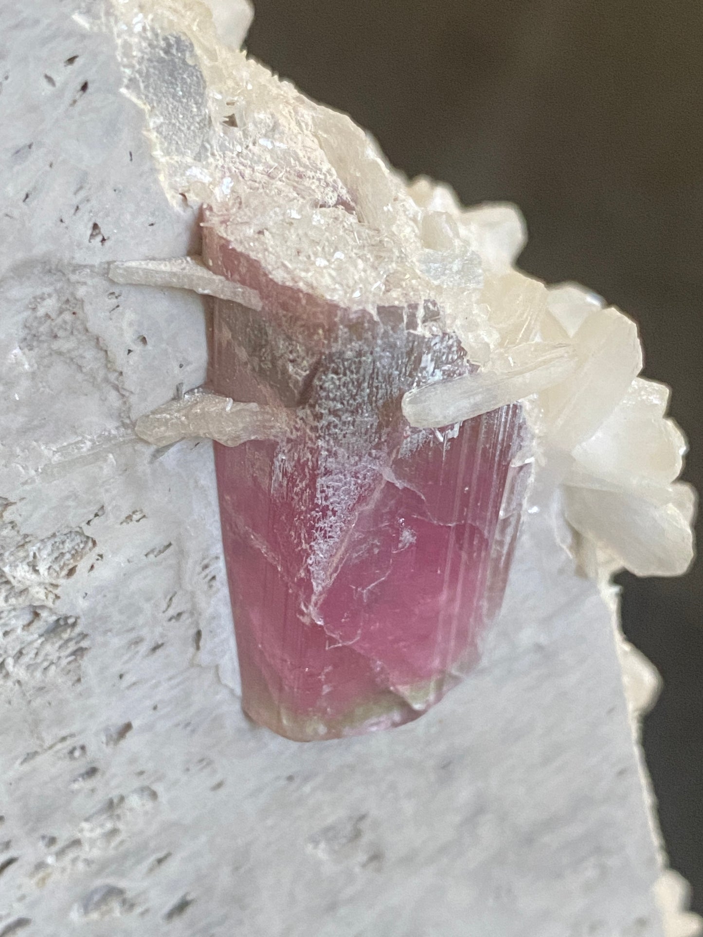 Tourmaline with Stilbite on Microcline, Himilaya Mine, Mesa Grande, California