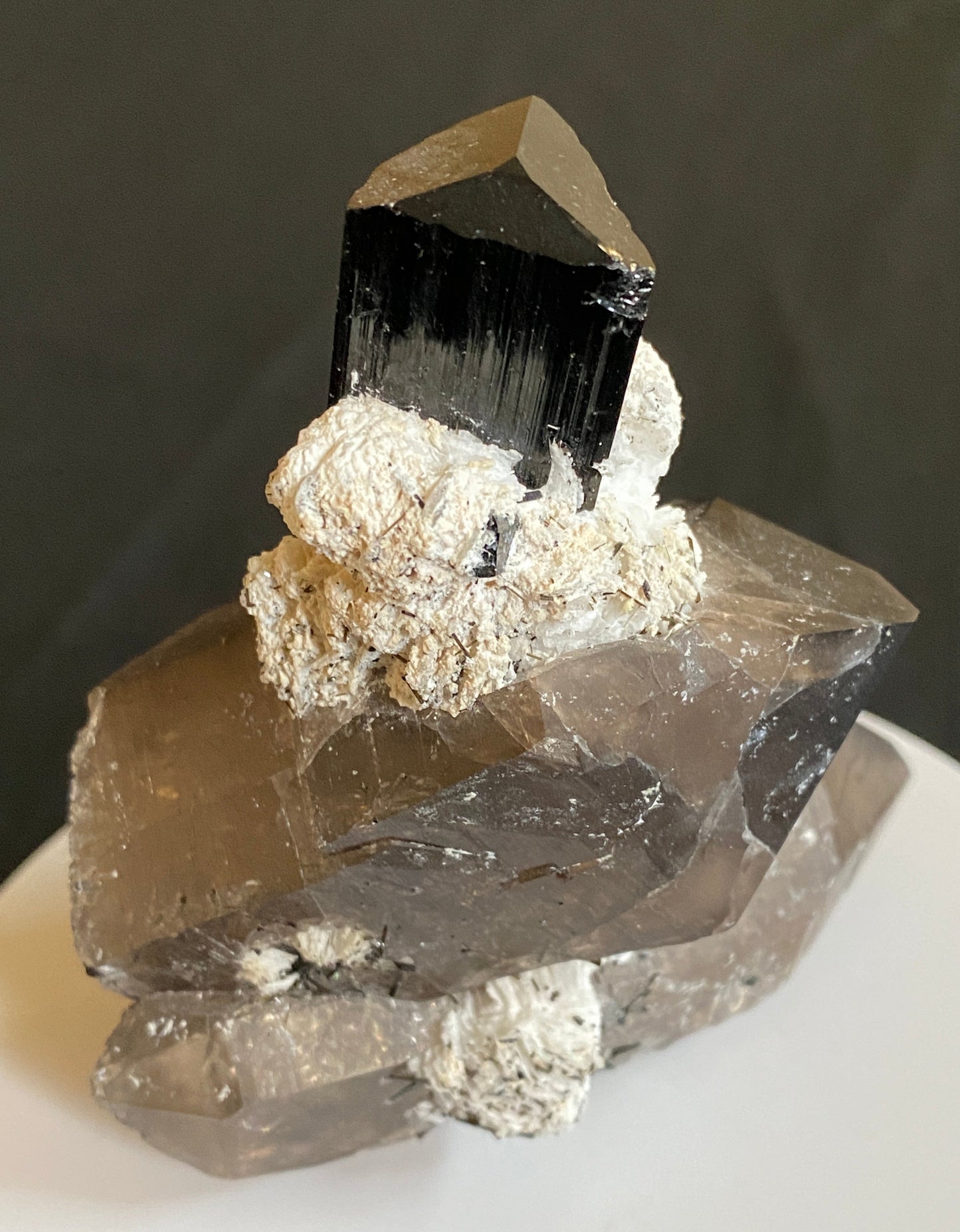 Tourmaline on Smoky Quartz, Shigar Valley, Pakistan