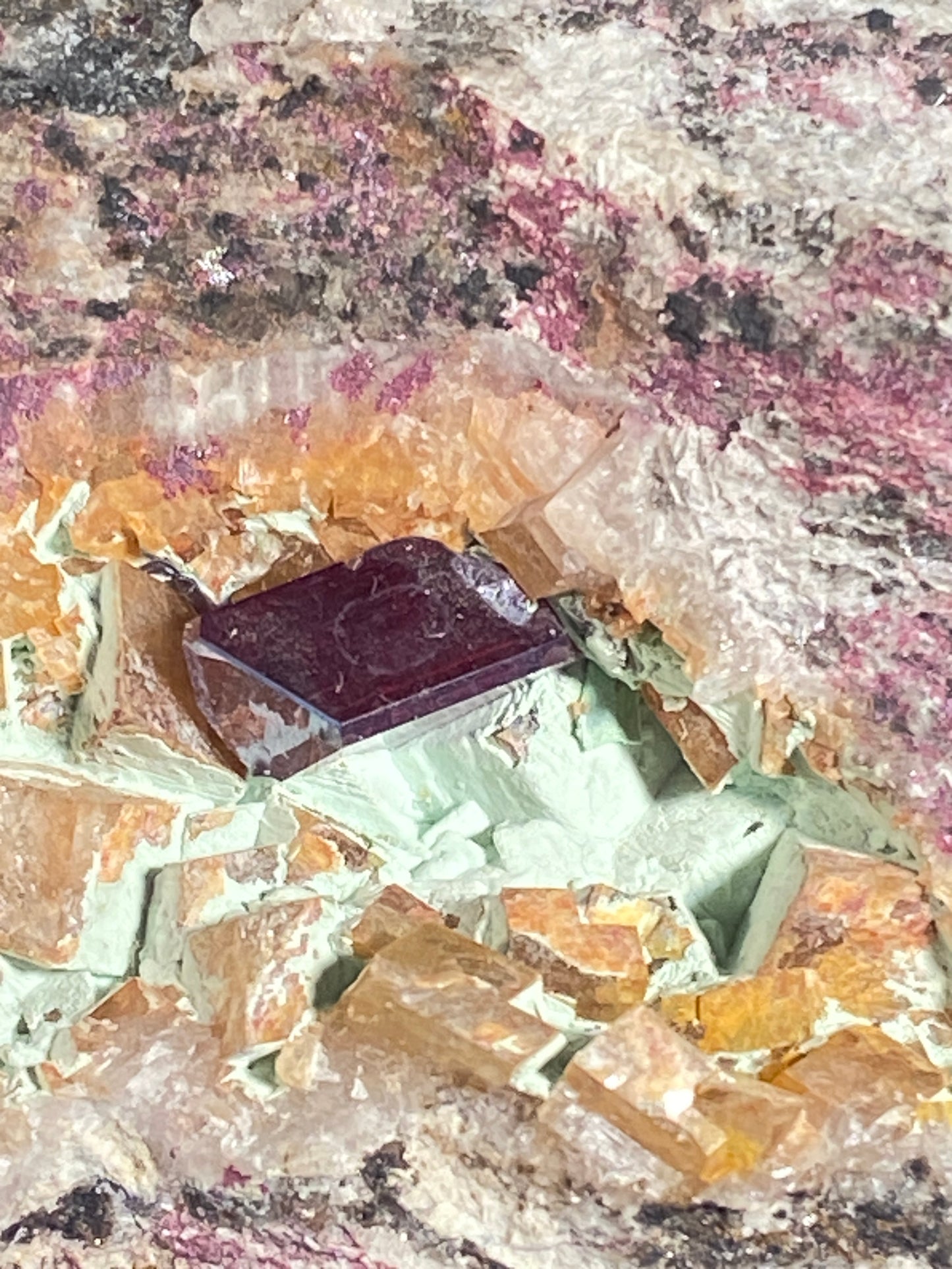 Cuprite, calcite & chrysocolla, Mashamba West, Congo
