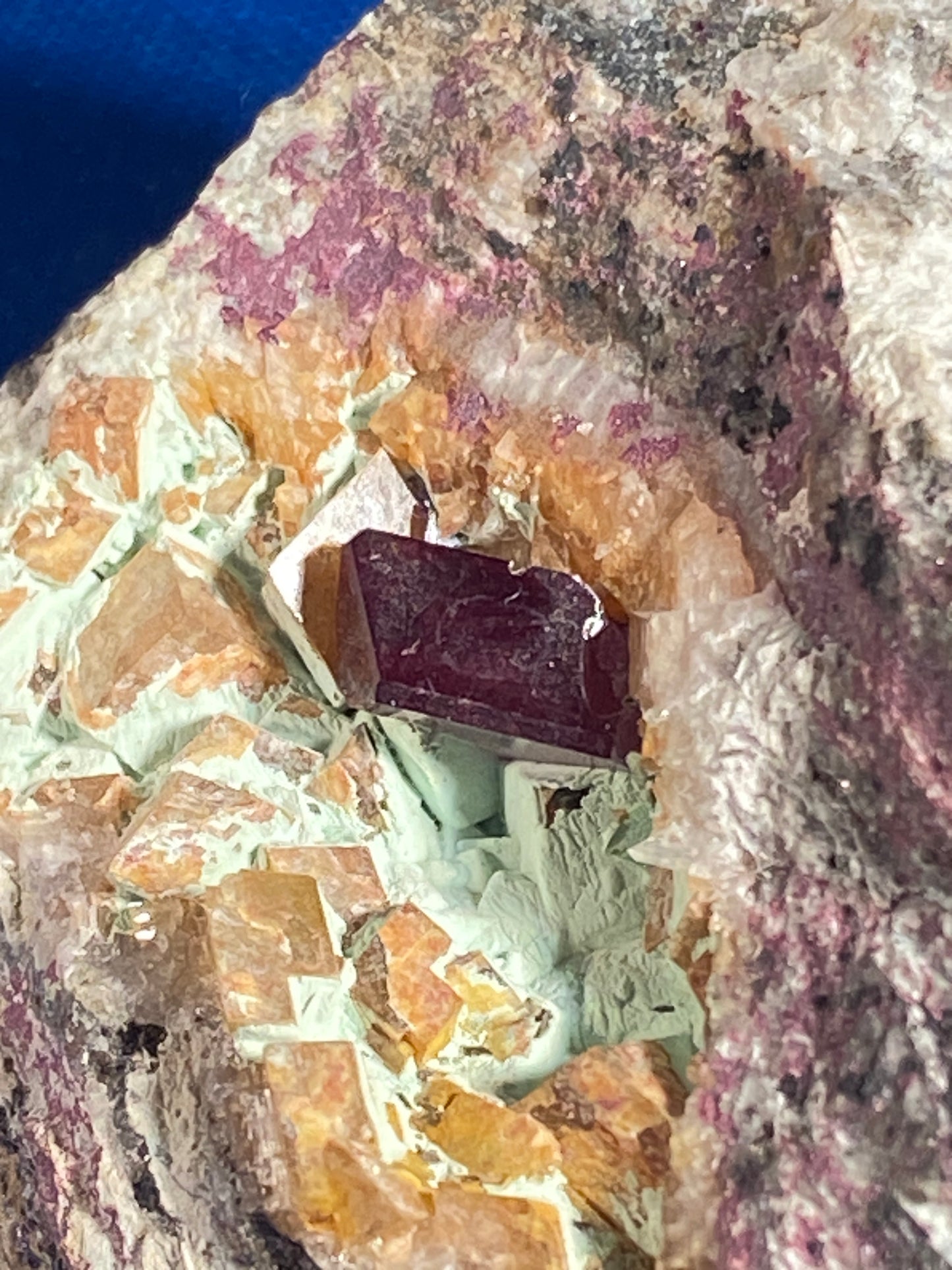 Cuprite, calcite & chrysocolla, Mashamba West, Congo