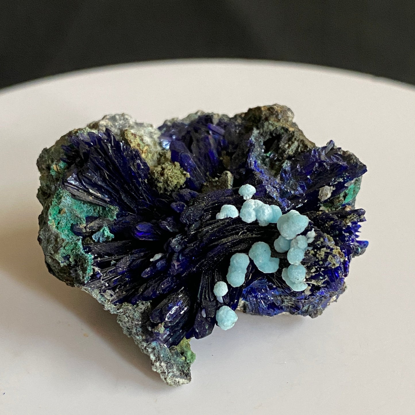 Dundasite on Azurite, Tsumeb, Namibia