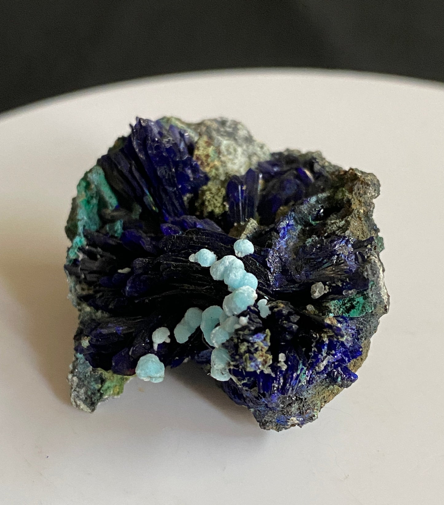 Dundasite on Azurite, Tsumeb, Namibia