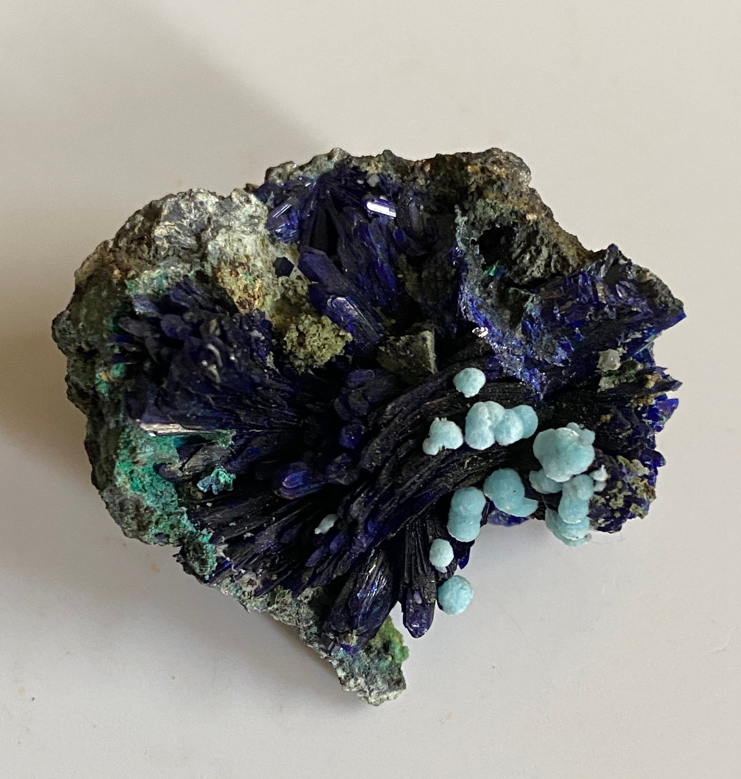 Dundasite on Azurite, Tsumeb, Namibia