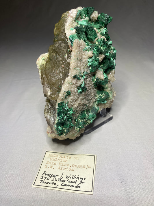 Malachite on Calcite, Emke Mine, Onganja, Namibia