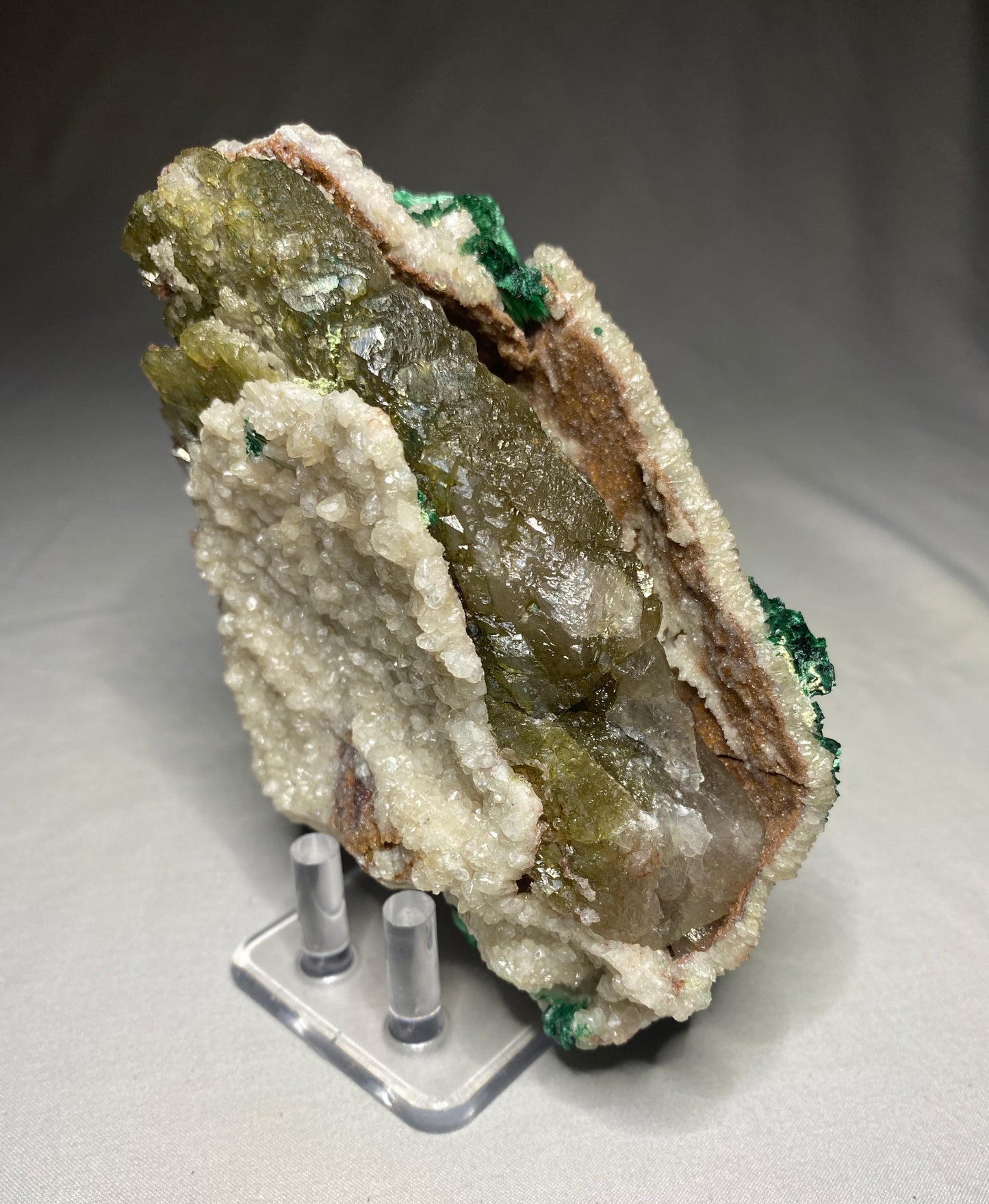 Malachite on Calcite, Emke Mine, Onganja, Namibia