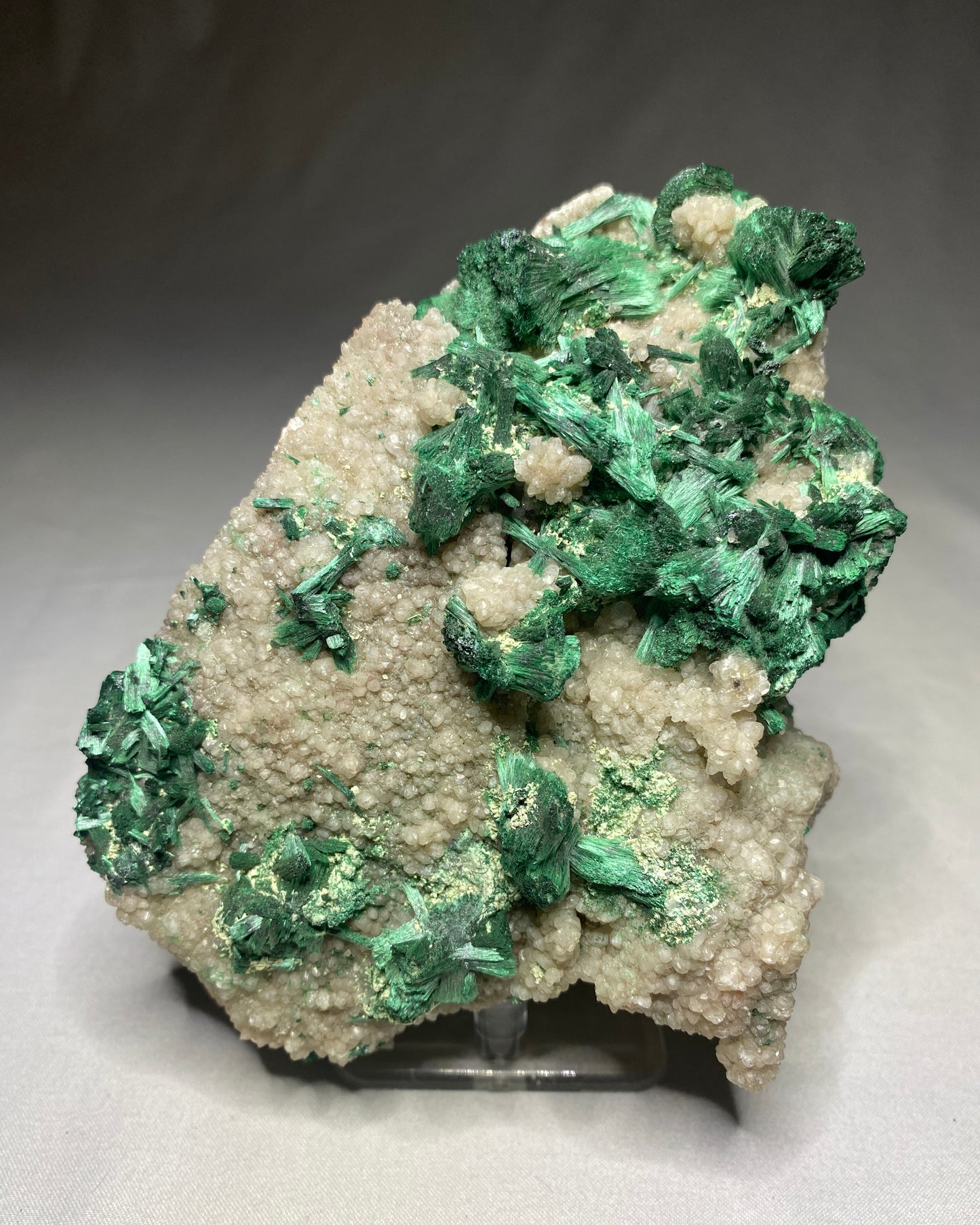 Malachite on Calcite, Emke Mine, Onganja, Namibia