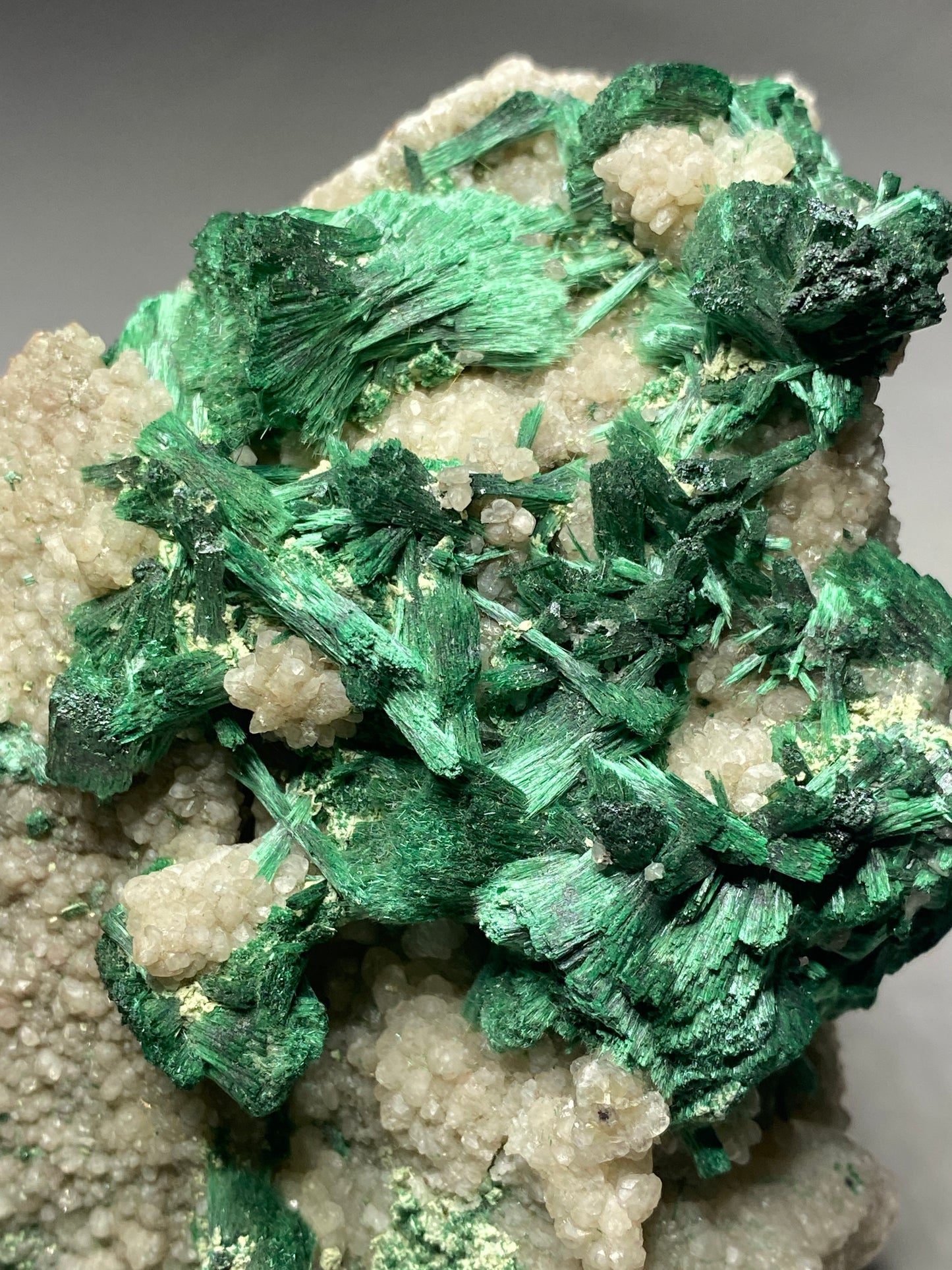 Malachite on Calcite, Emke Mine, Onganja, Namibia