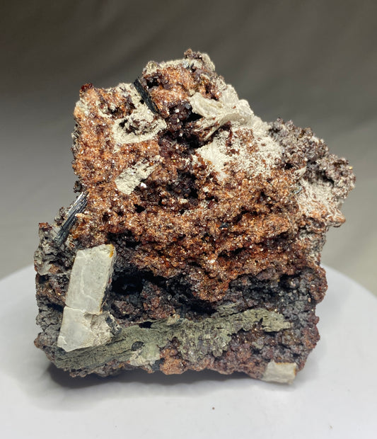 Apatite on Rhodochrosite with Aegirine, Poudrette Quarry, Mont St-Hilaire, Quebec, Canada