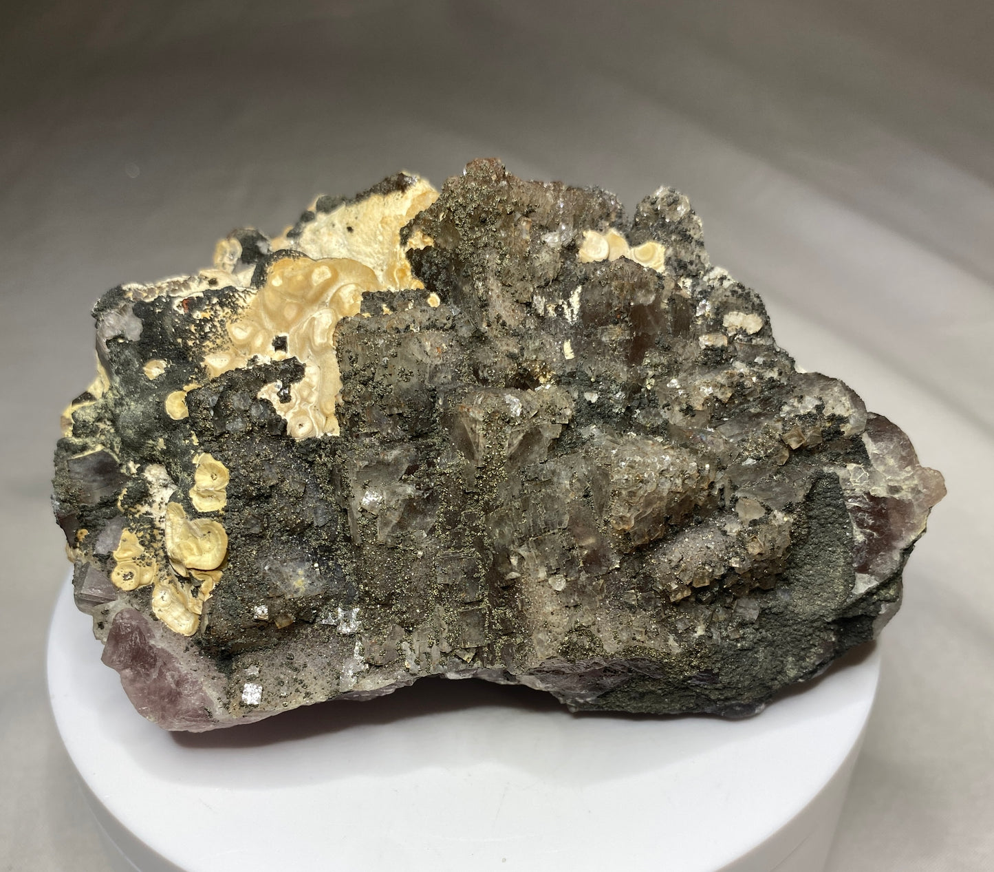 Fluorite with Pyrite and Aragonite, Sauberg Mine, Ehrenfriedersdorf, Germany