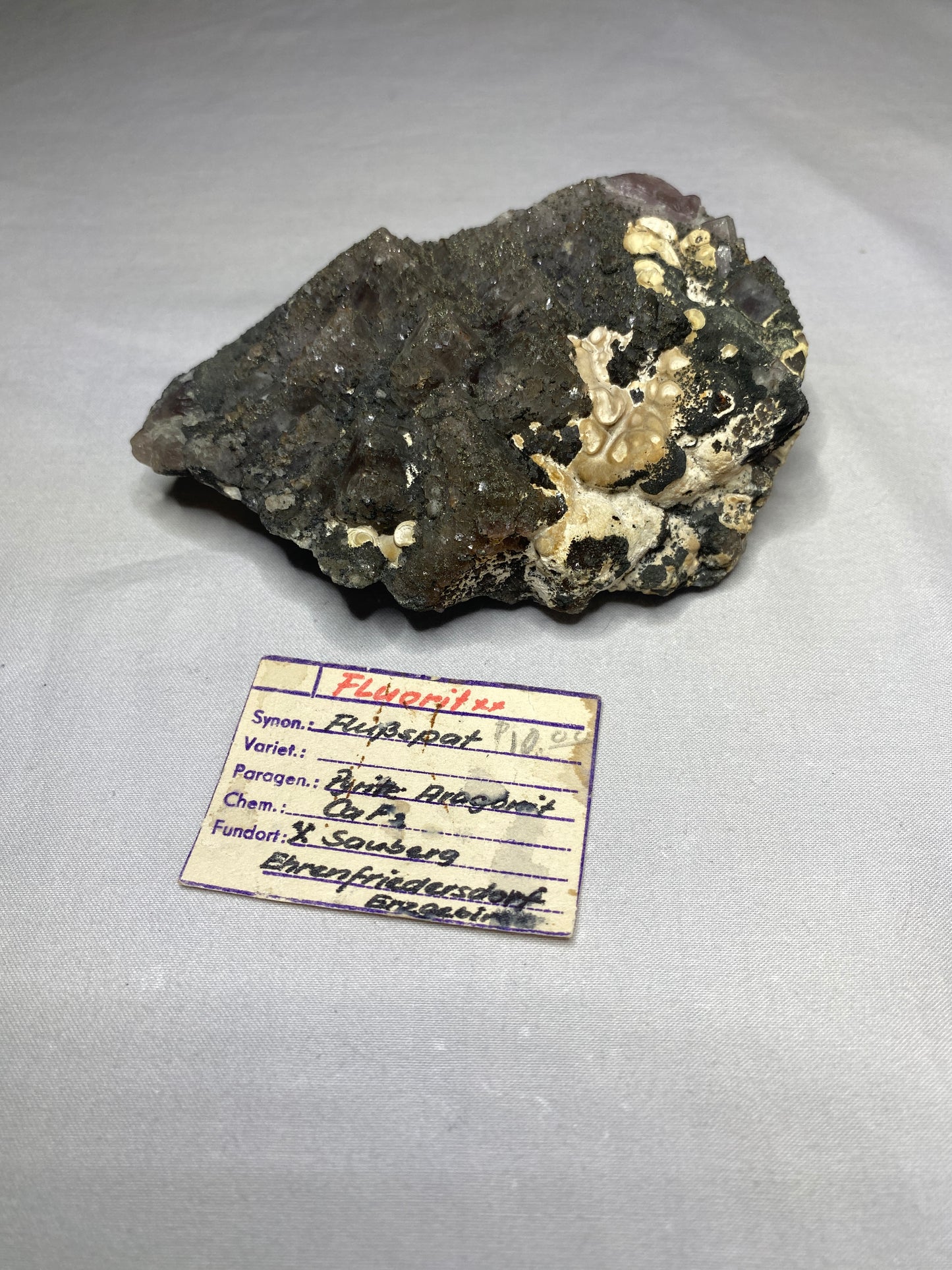 Fluorite with Pyrite and Aragonite, Sauberg Mine, Ehrenfriedersdorf, Germany