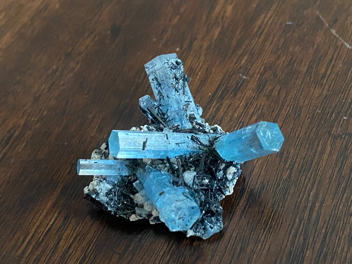 Aquamarine with schorl on feldspar, Erongo, Namibia