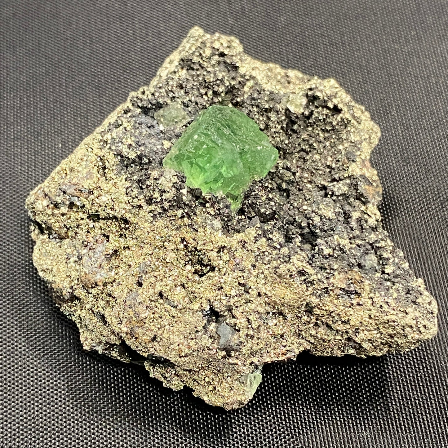 Fluorite on Pyrite, Milpo Mine, Cerro de Pasco, Pasco, Peru