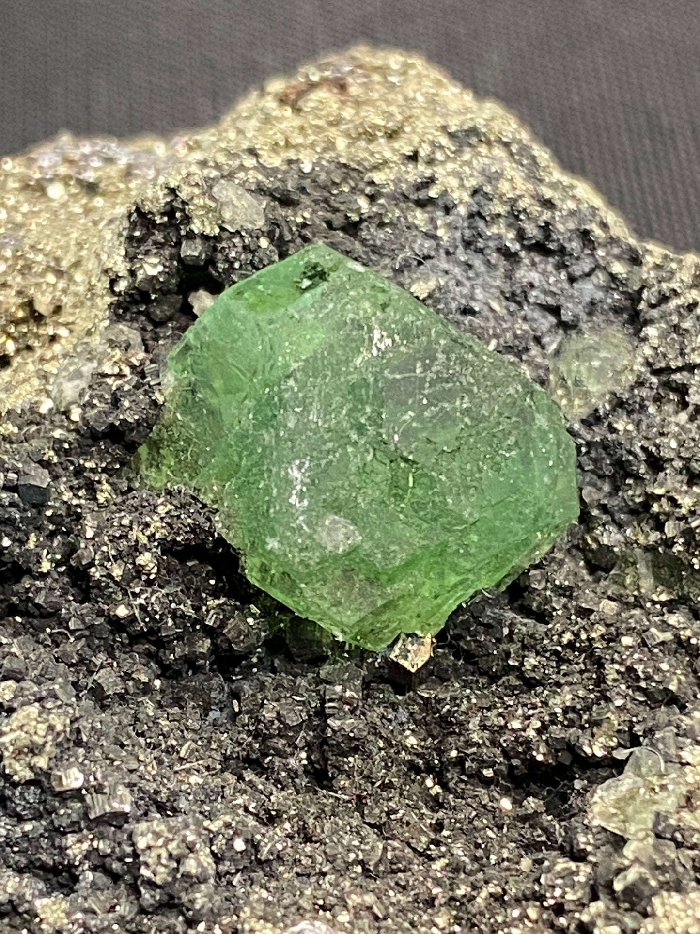 Fluorite on Pyrite, Milpo Mine, Cerro de Pasco, Pasco, Peru