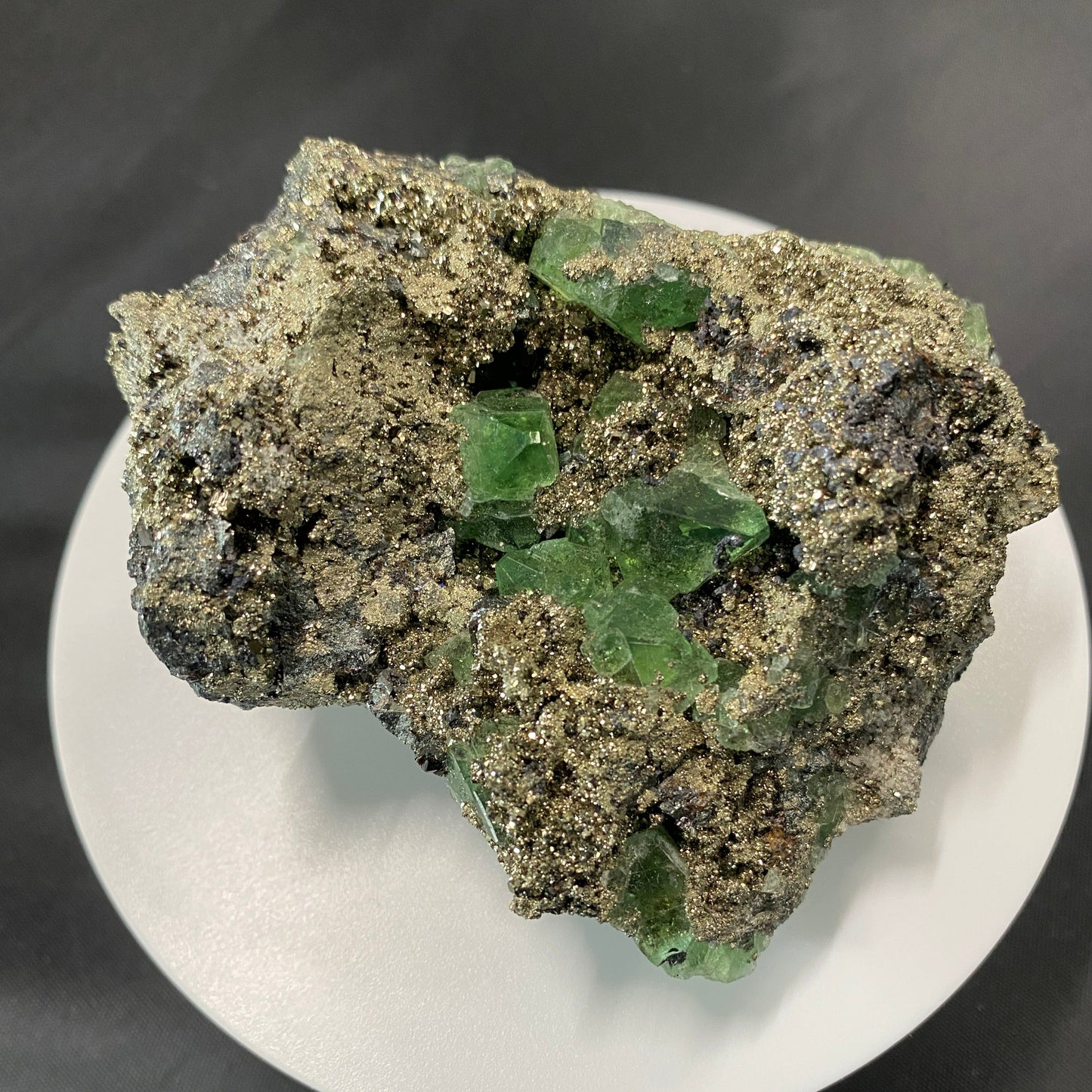 Fluorite on Pyrite, Galena, Sphalerite and Geocronite-Jordanite, Milpo Mine, Cerro de Pasco, Pasco, Peru