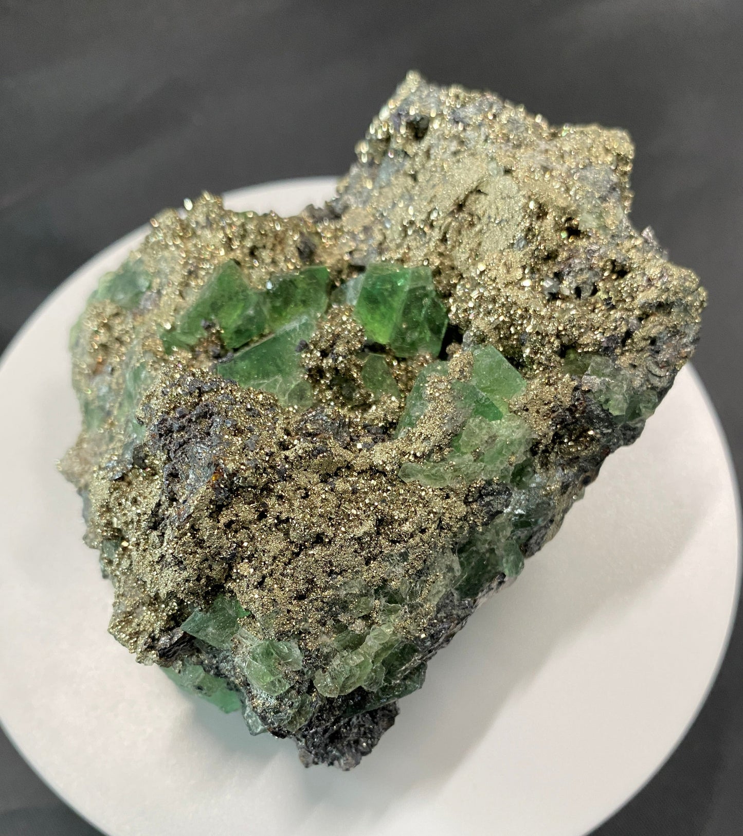 Fluorite on Pyrite, Galena, Sphalerite and Geocronite-Jordanite, Milpo Mine, Cerro de Pasco, Pasco, Peru