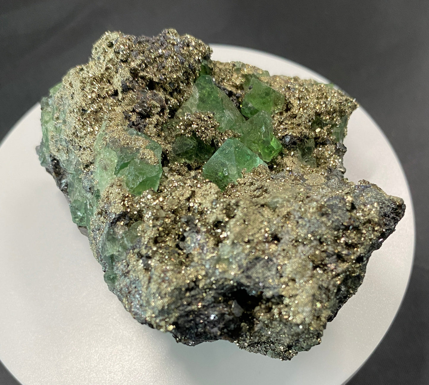 Fluorite on Pyrite, Galena, Sphalerite and Geocronite-Jordanite, Milpo Mine, Cerro de Pasco, Pasco, Peru