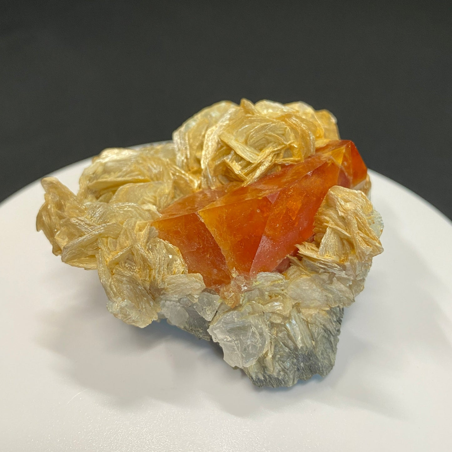 Scheelite on Muscovite with Fluorite, Zinyang, Sichuan Province, China