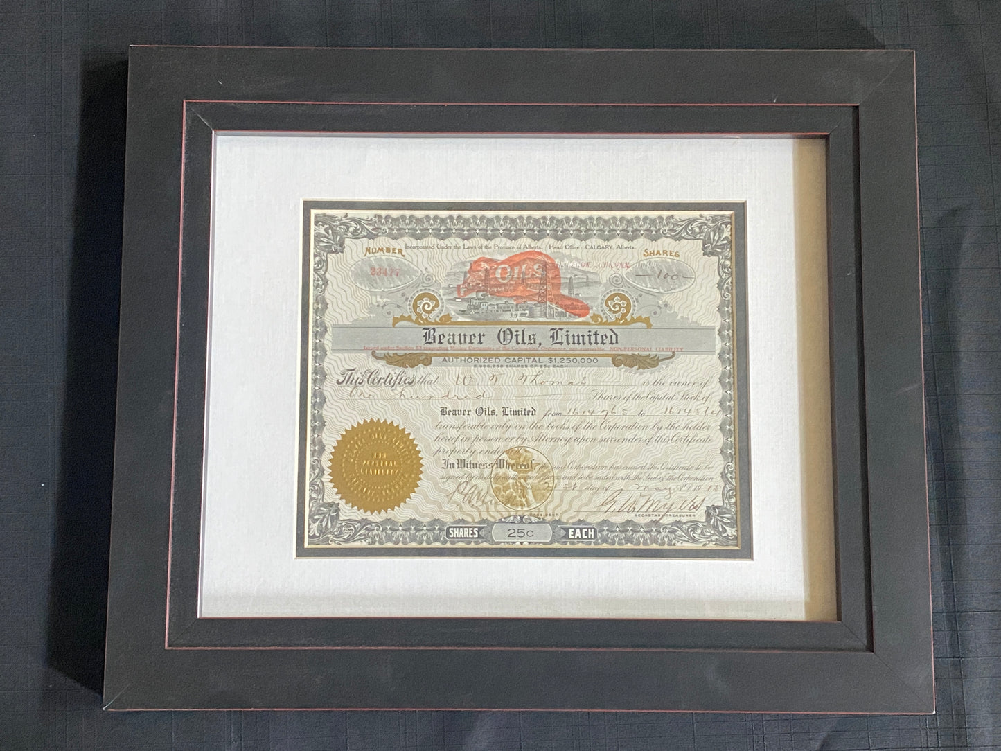 Oil & Gas Memorabilia - 1915 Stock Certificate for Beaver Oils Limited, Calgary, Canada