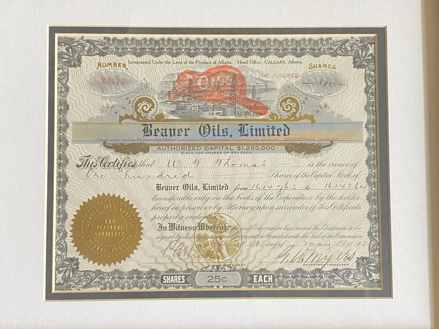 Oil & Gas Memorabilia - 1915 Stock Certificate for Beaver Oils Limited, Calgary, Canada