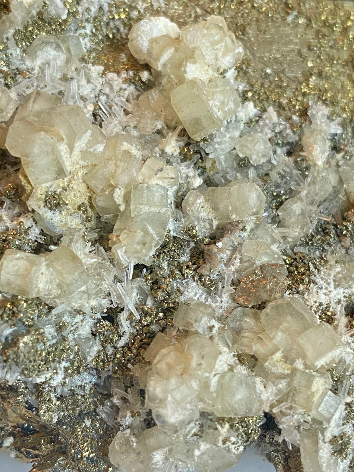 Scheelite and Apatite on Pyrite, Huanzuala Mine, Peru