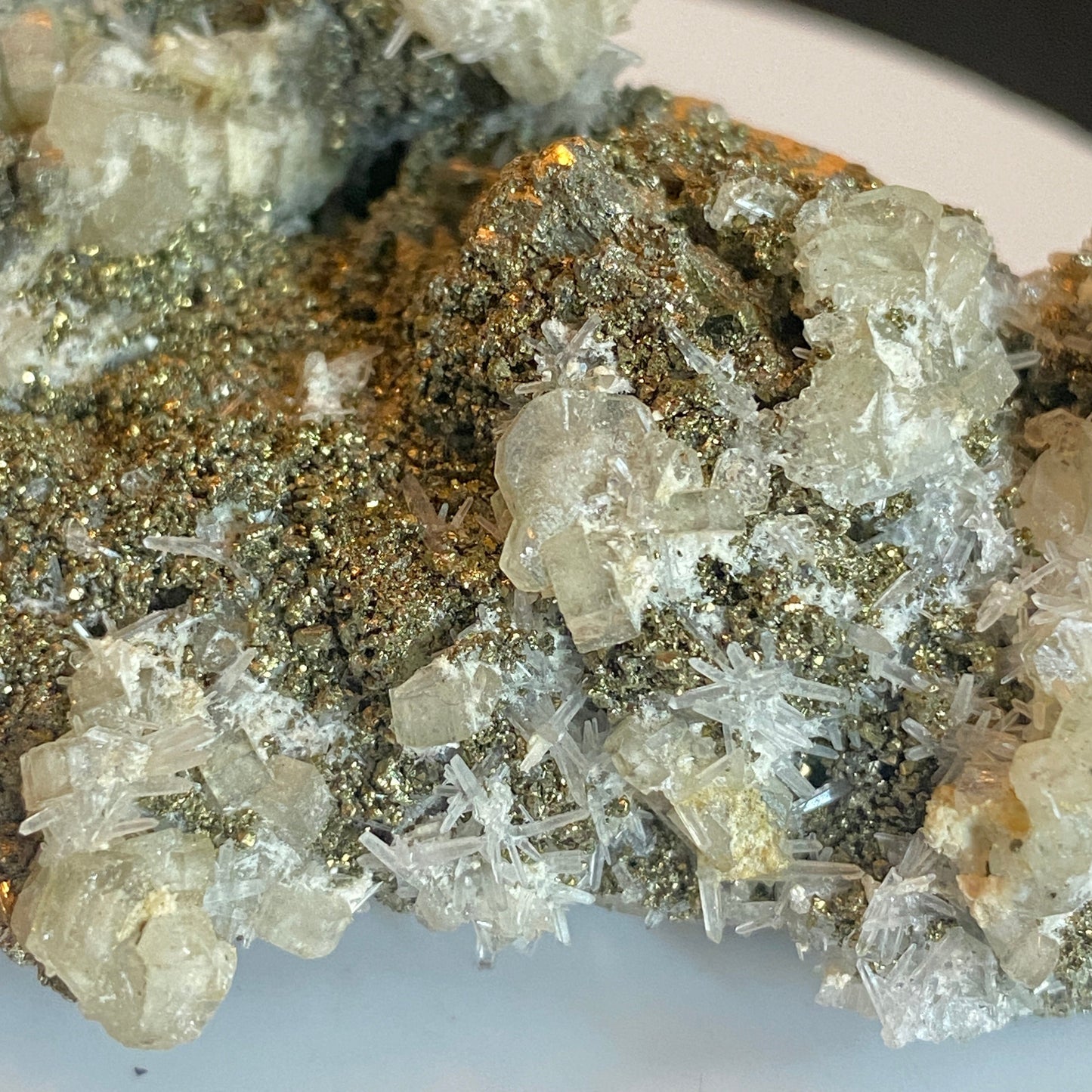 Scheelite and Apatite on Pyrite, Huanzuala Mine, Peru