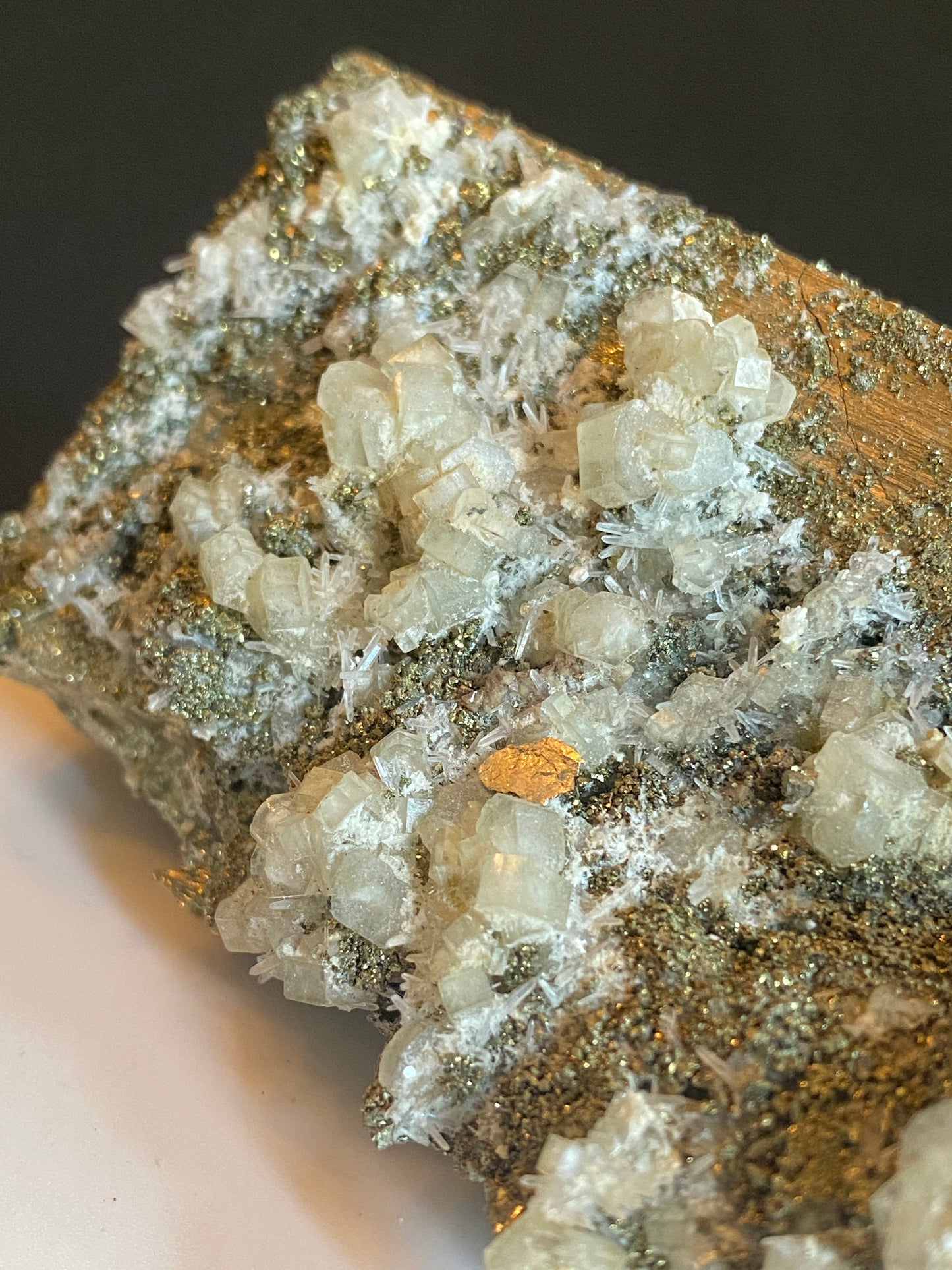 Scheelite and Apatite on Pyrite, Huanzuala Mine, Peru