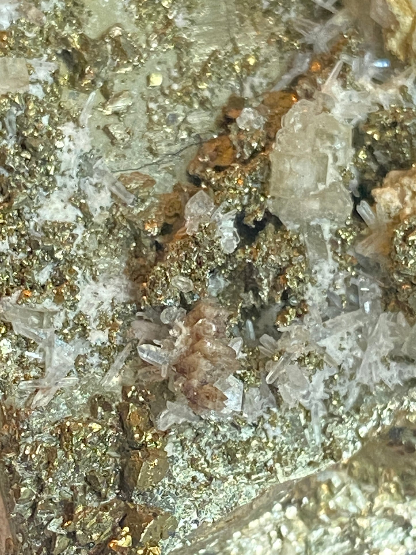 Scheelite and Apatite on Pyrite, Huanzuala Mine, Peru