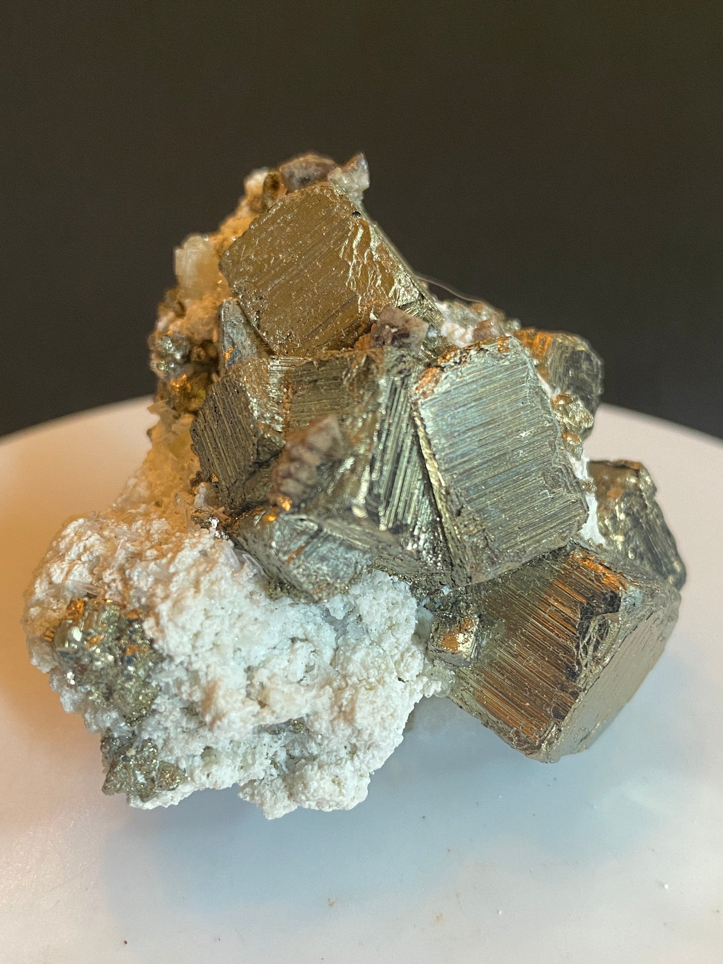 Scheelite and Apatite on Pyrite, Huanzuala Mine, Peru