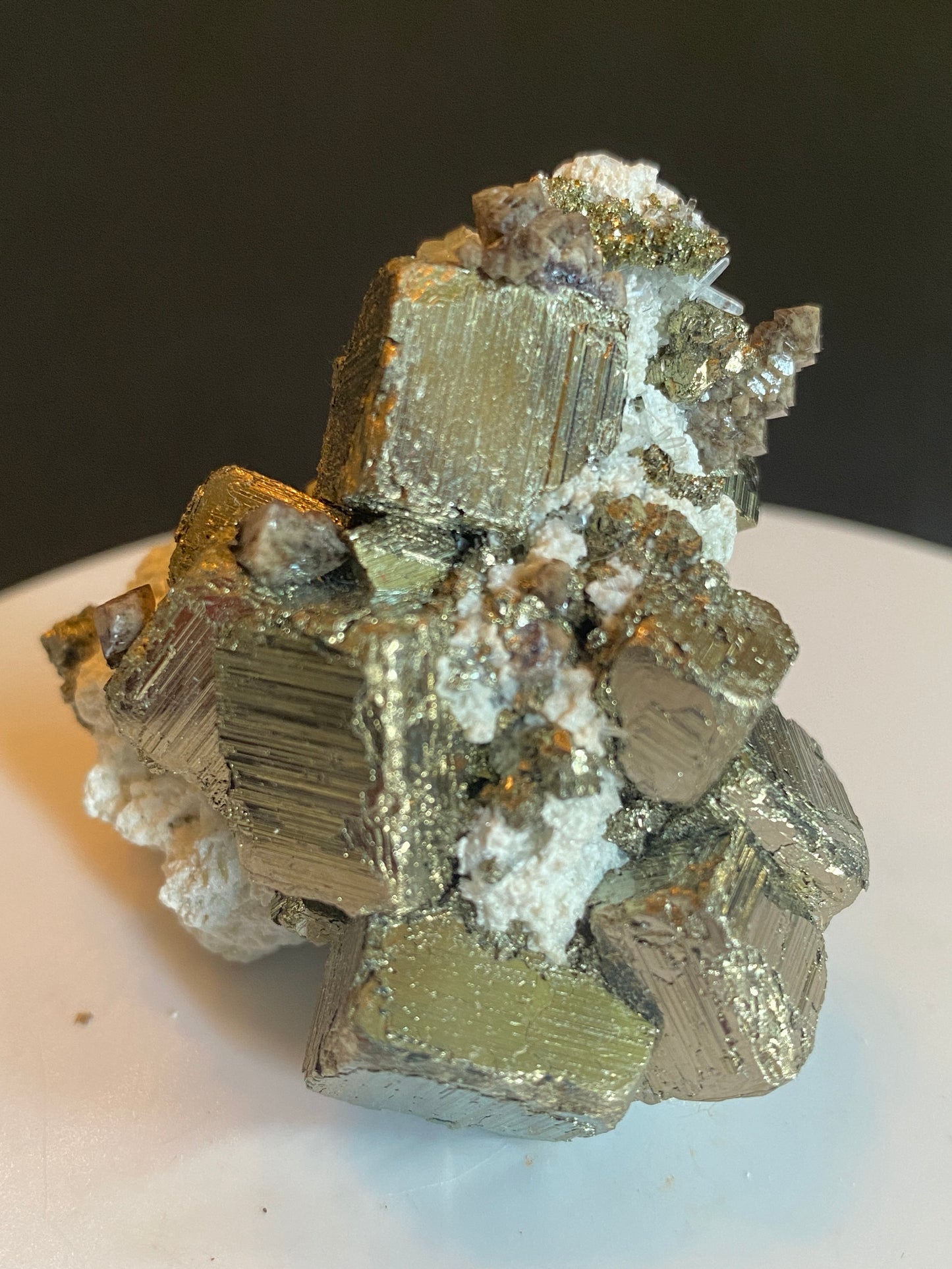 Scheelite and Apatite on Pyrite, Huanzuala Mine, Peru