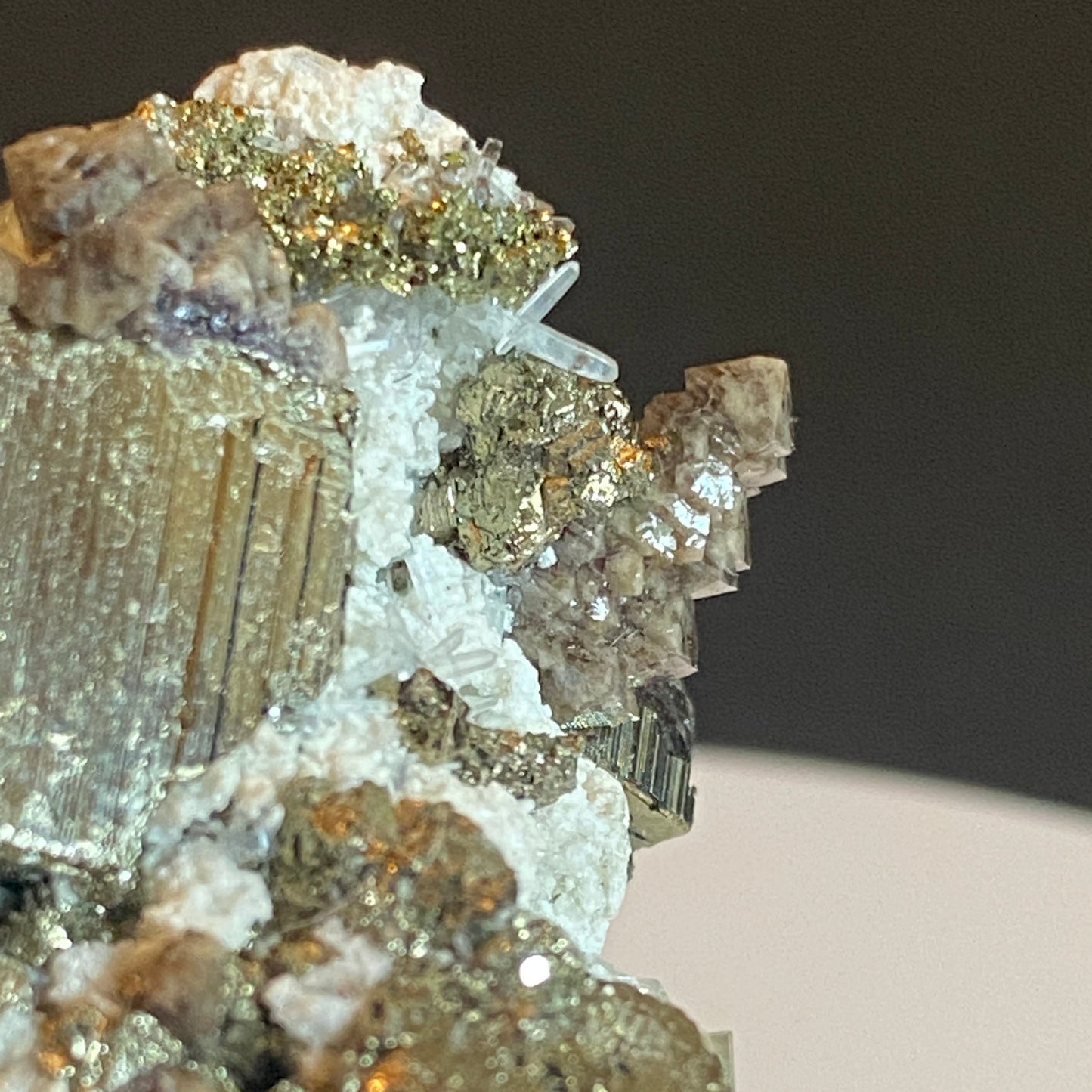 Scheelite and Apatite on Pyrite, Huanzuala Mine, Peru