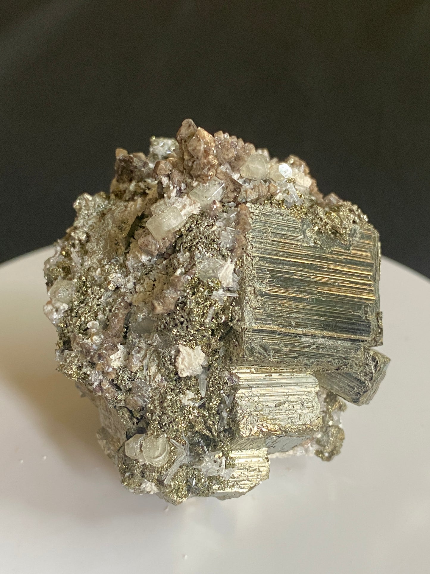 Scheelite and Apatite on Pyrite, Huanzuala Mine, Peru