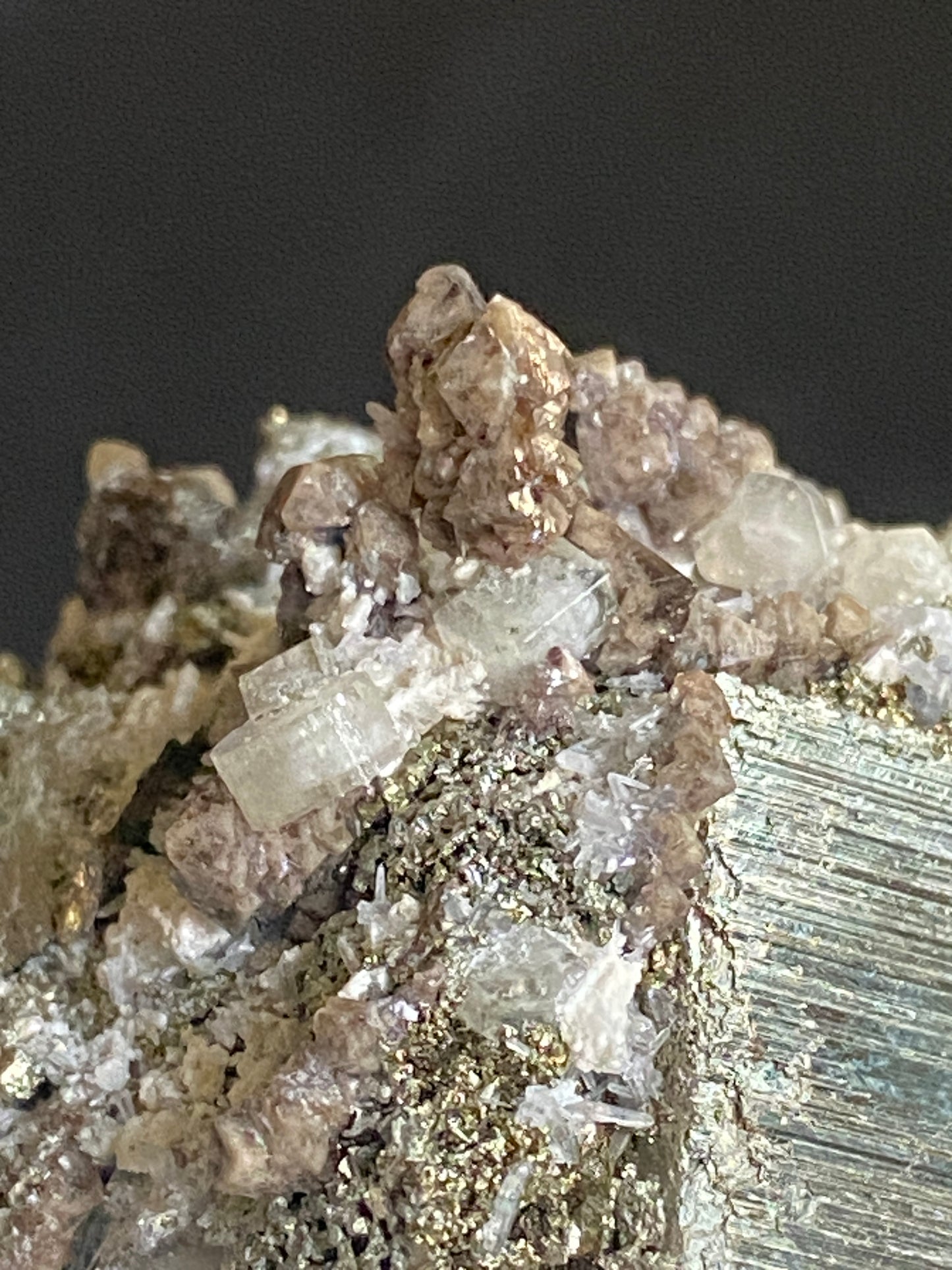 Scheelite and Apatite on Pyrite, Huanzuala Mine, Peru