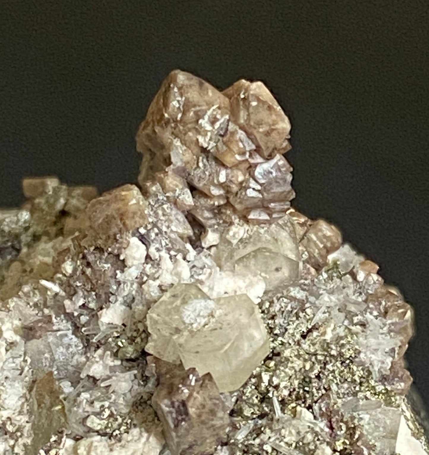 Scheelite and Apatite on Pyrite, Huanzuala Mine, Peru